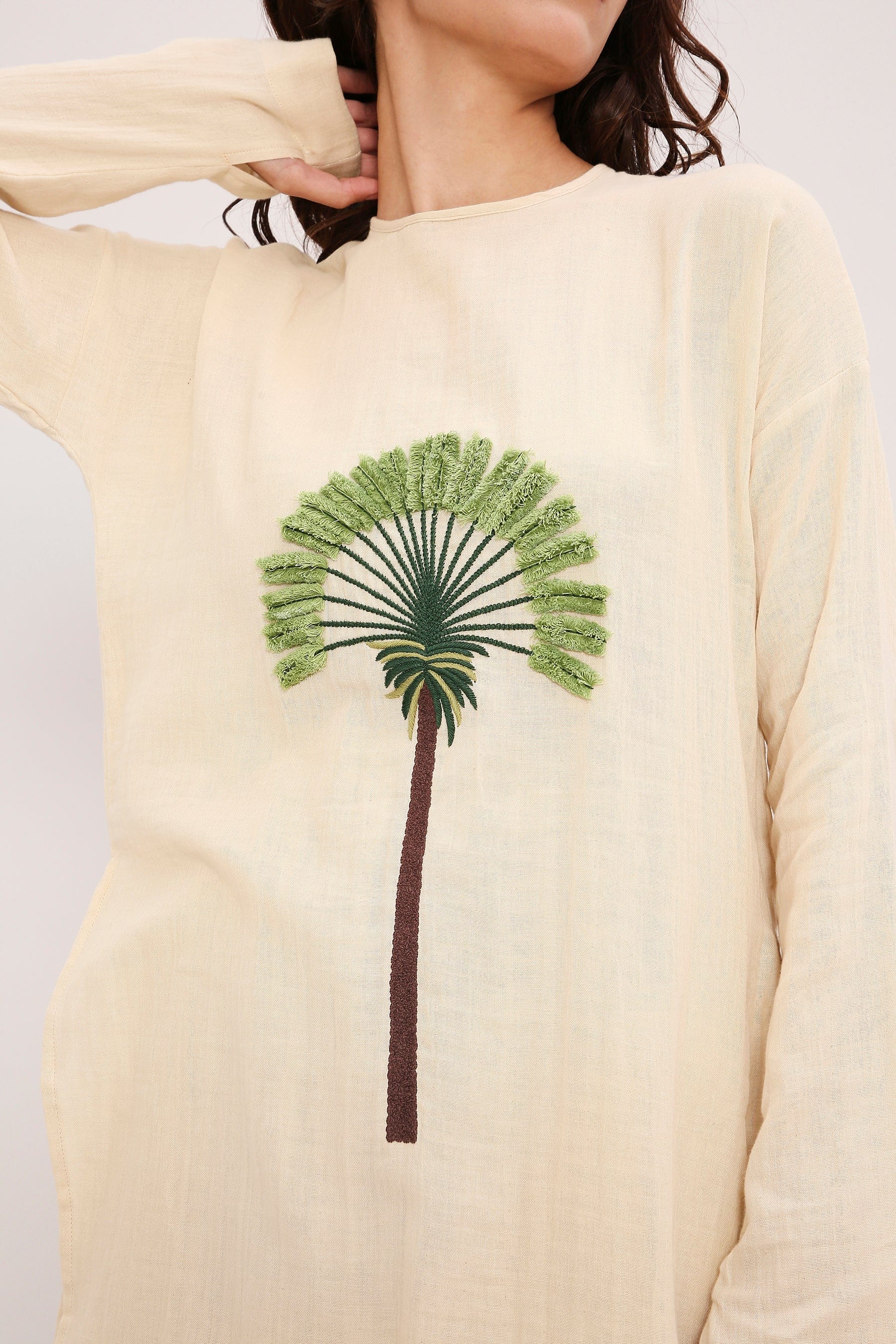 Coco Cream & Green Floral Embroidered Co-Ord Set Detail Close-Up by MATI