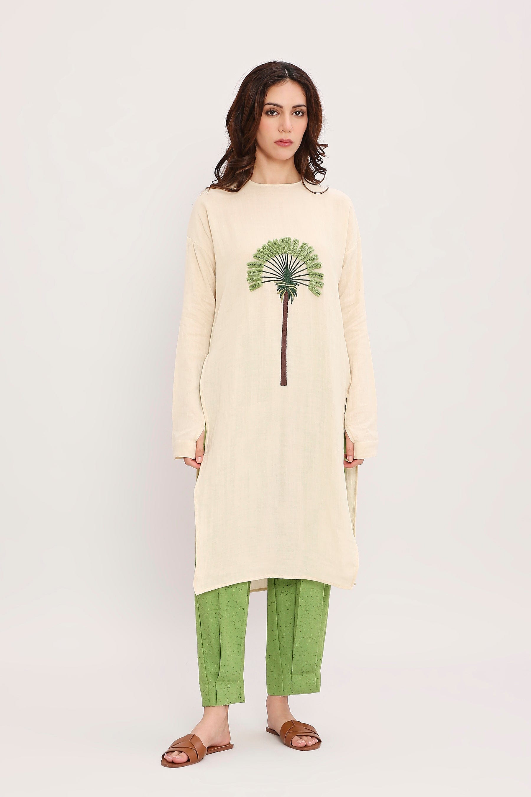 Coco Cream & Green Floral Embroidered Co-Ord Set Full Length Styled Look by MATI