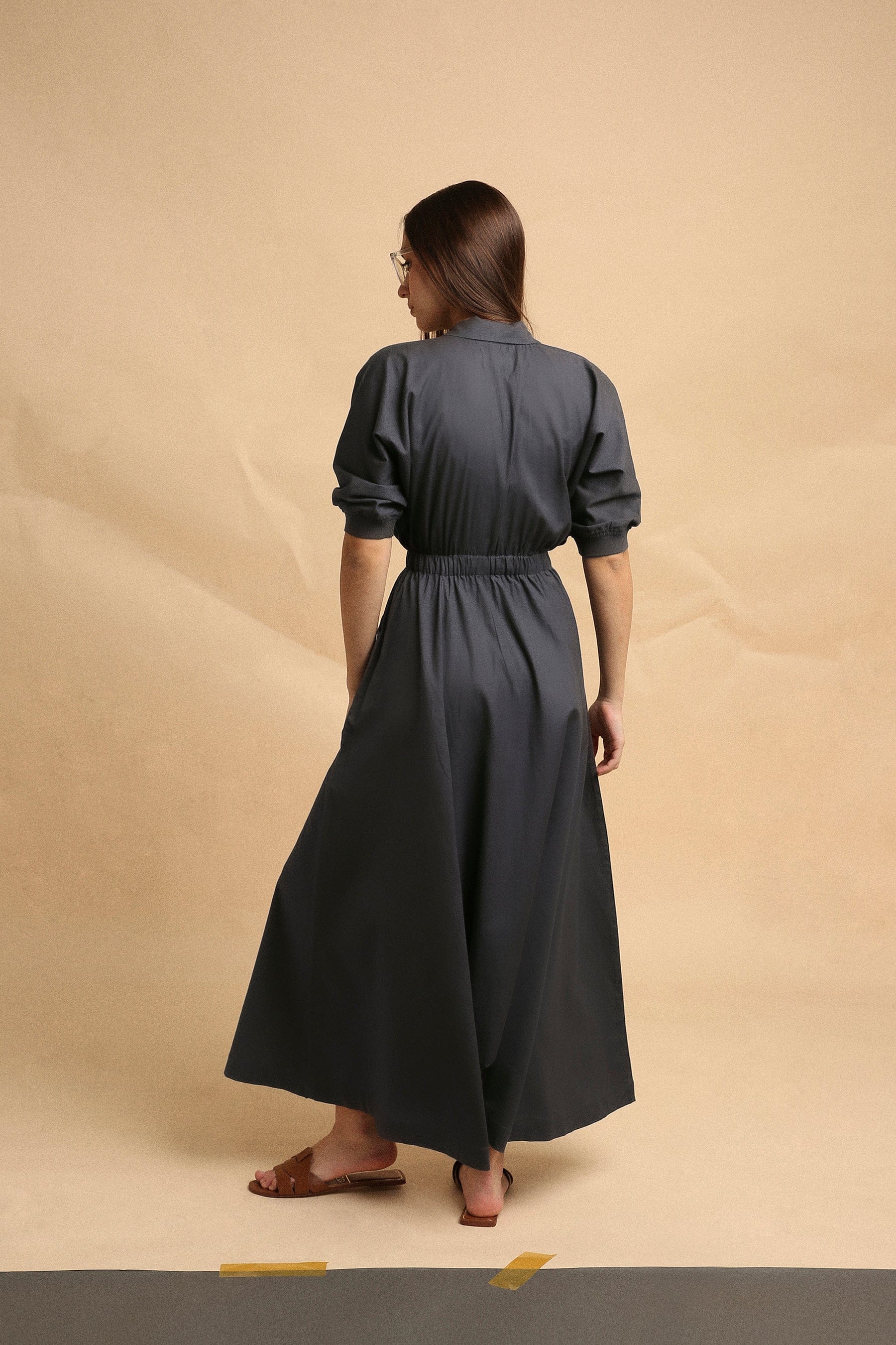 Handwoven cotton collar sphara jumpsuit in ash gray by Mati India