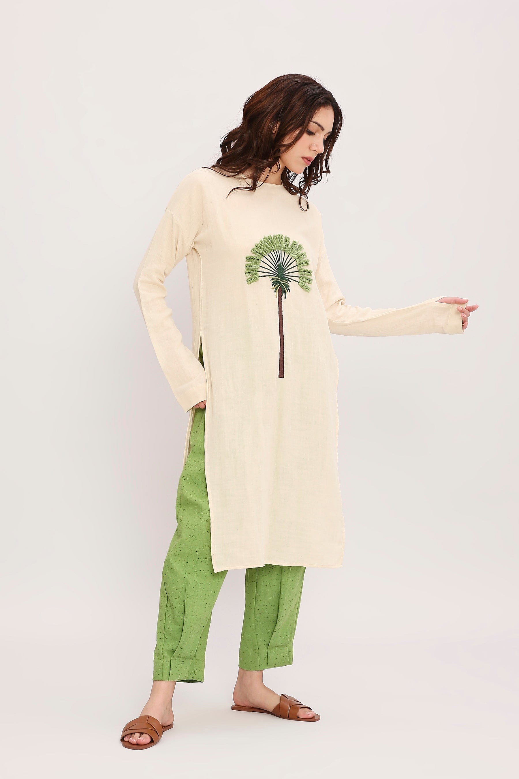 Coco Cream & Green Floral Embroidered Co-Ord Set Side View by MATI