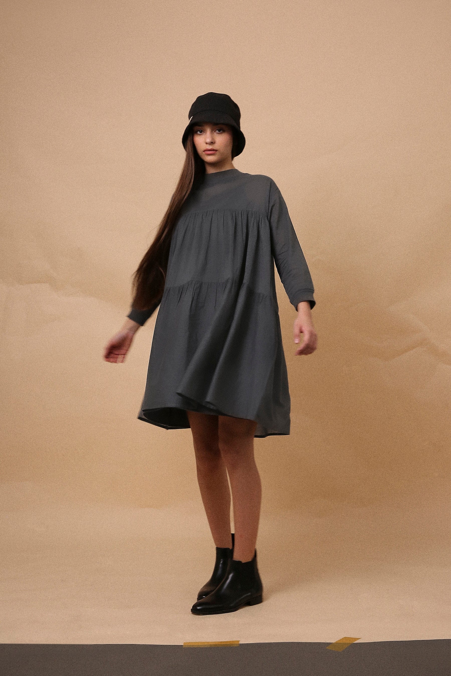 Handwoven cotton tiered rib vena dress in ash gray by Mati India