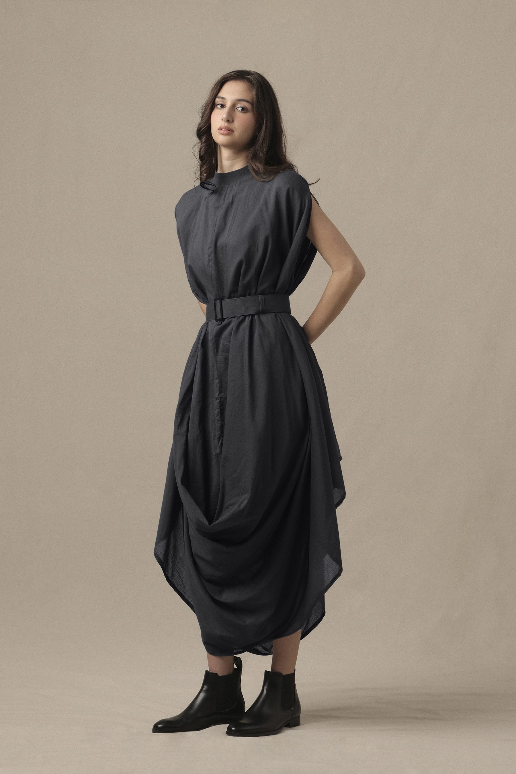 Mati Dresses Belted Ash Gray Cowl Dress