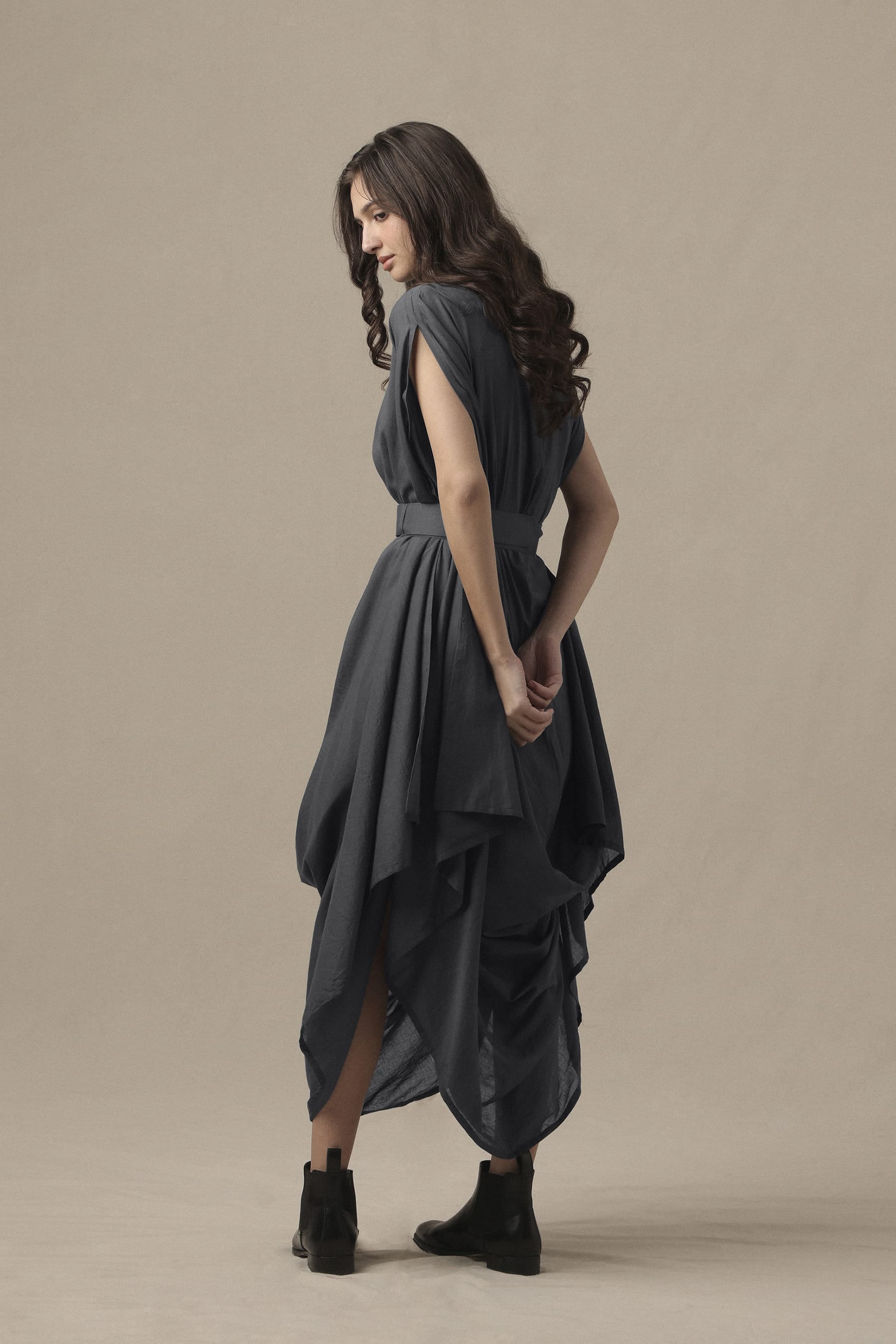 Mati Dresses Belted Ash Gray Cowl Dress