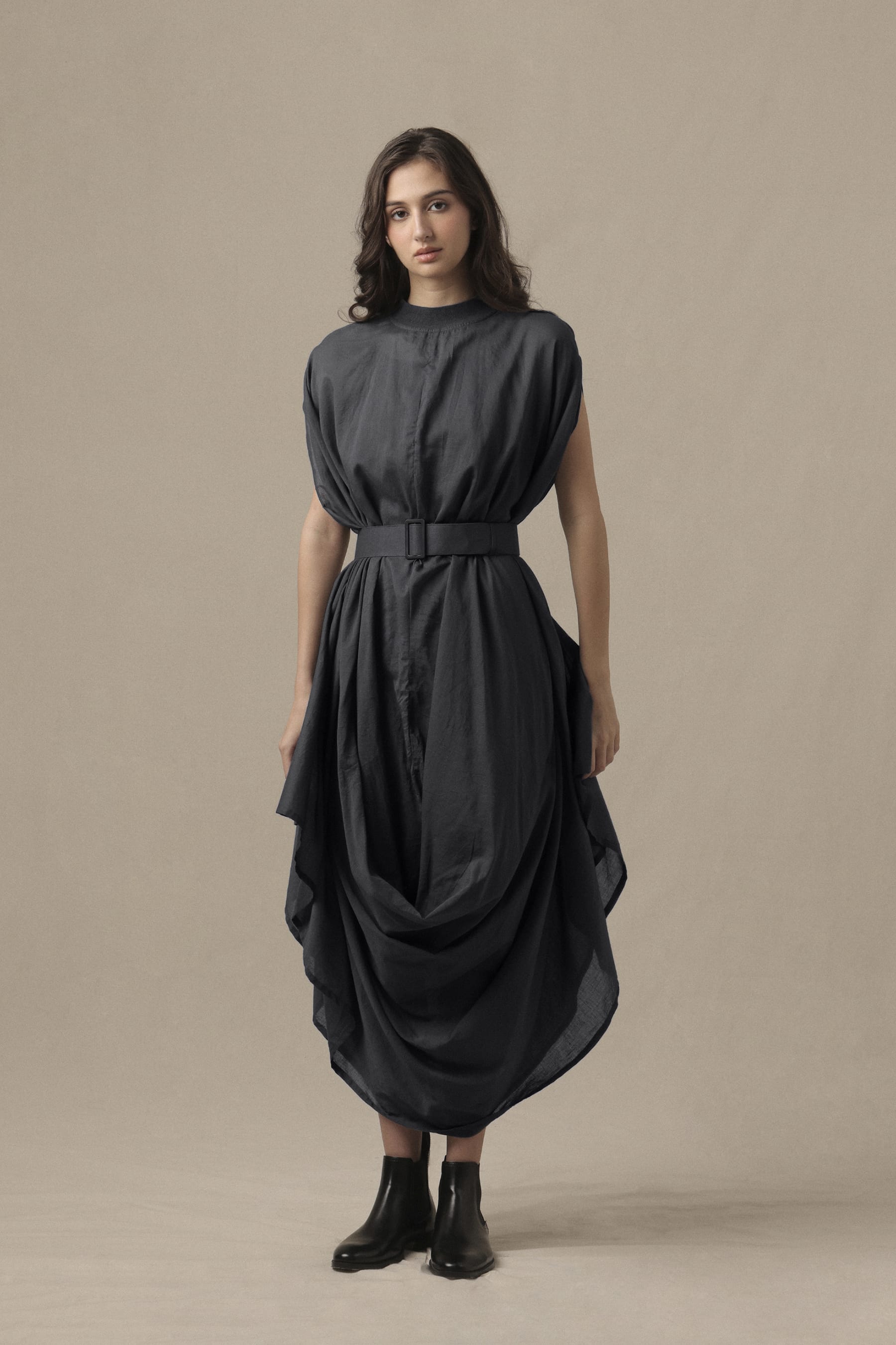Mati Dresses Belted Ash Gray Cowl Dress