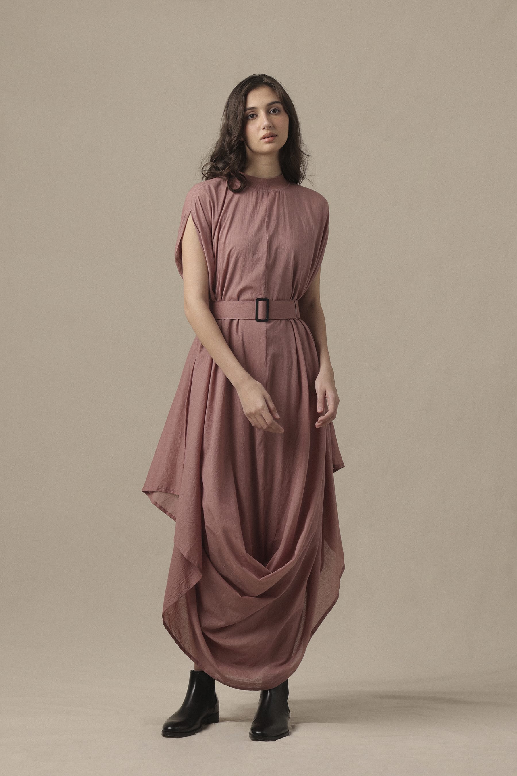 Mati Dresses Belted Blush Cowl Dress