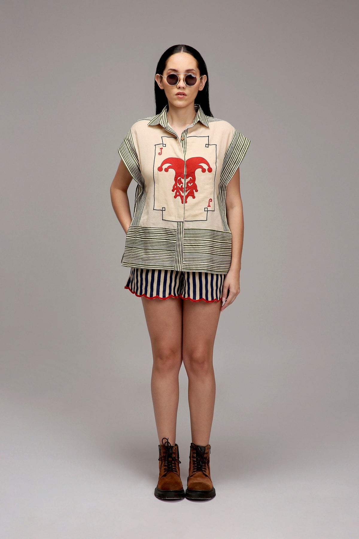 Mati Dresses Egg-Shell Green Striped Red Joker Shirt