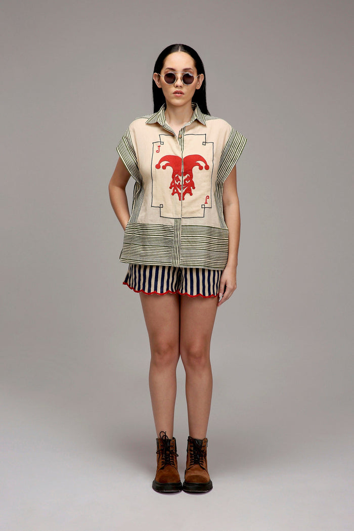 Mati Dresses Egg-Shell Green Striped Red Joker Shirt