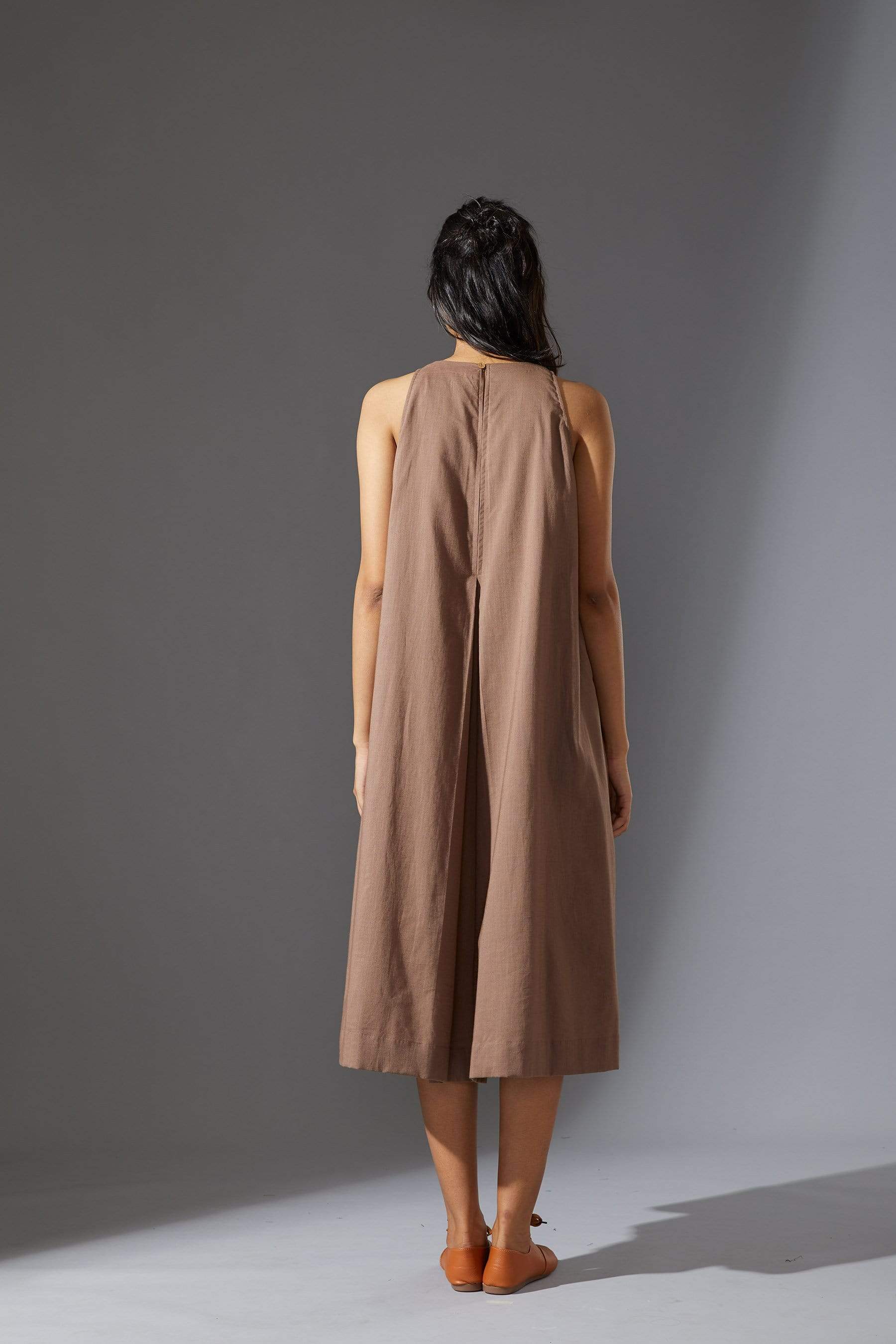 Handcrafted from Handwoven Organic Cotton, Beige A-Line Sleeveless Dress for Women by Sustainable Fashion Designer Clothing Label MATI