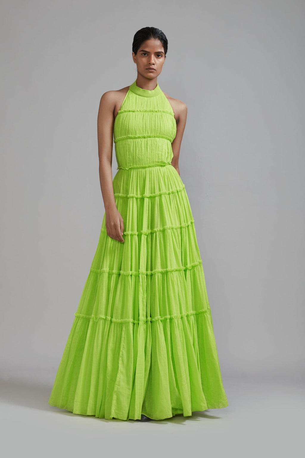 Mati Dresses Neon Green Backless Tiered Gown