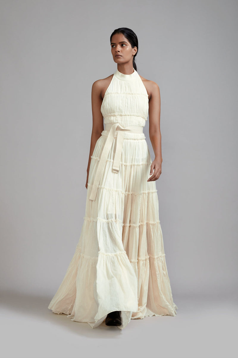 Mati Dresses Off-White Backless Tiered Gown