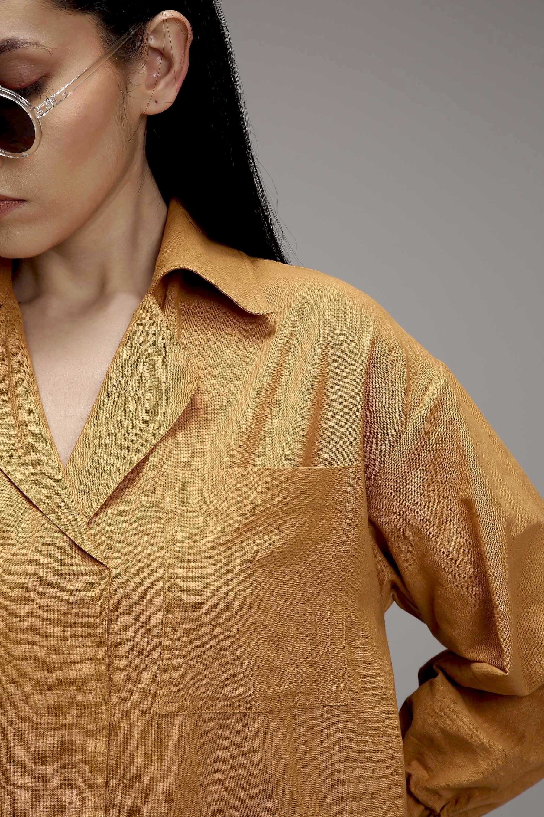 Mati Dresses Tan-Brown Elasticated Shirt Dress