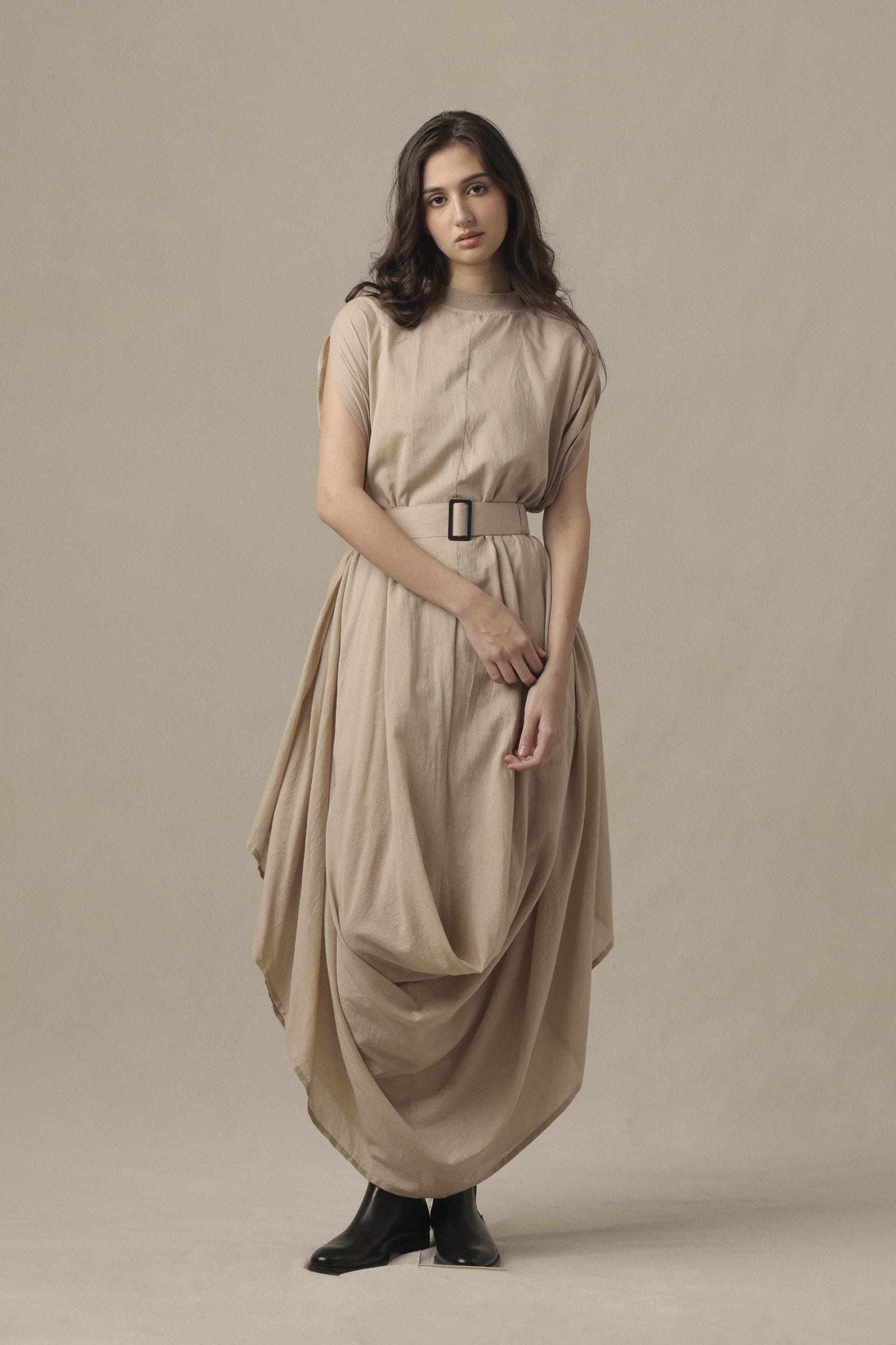 Mati Dresses XS Belted Sand Cowl Dress