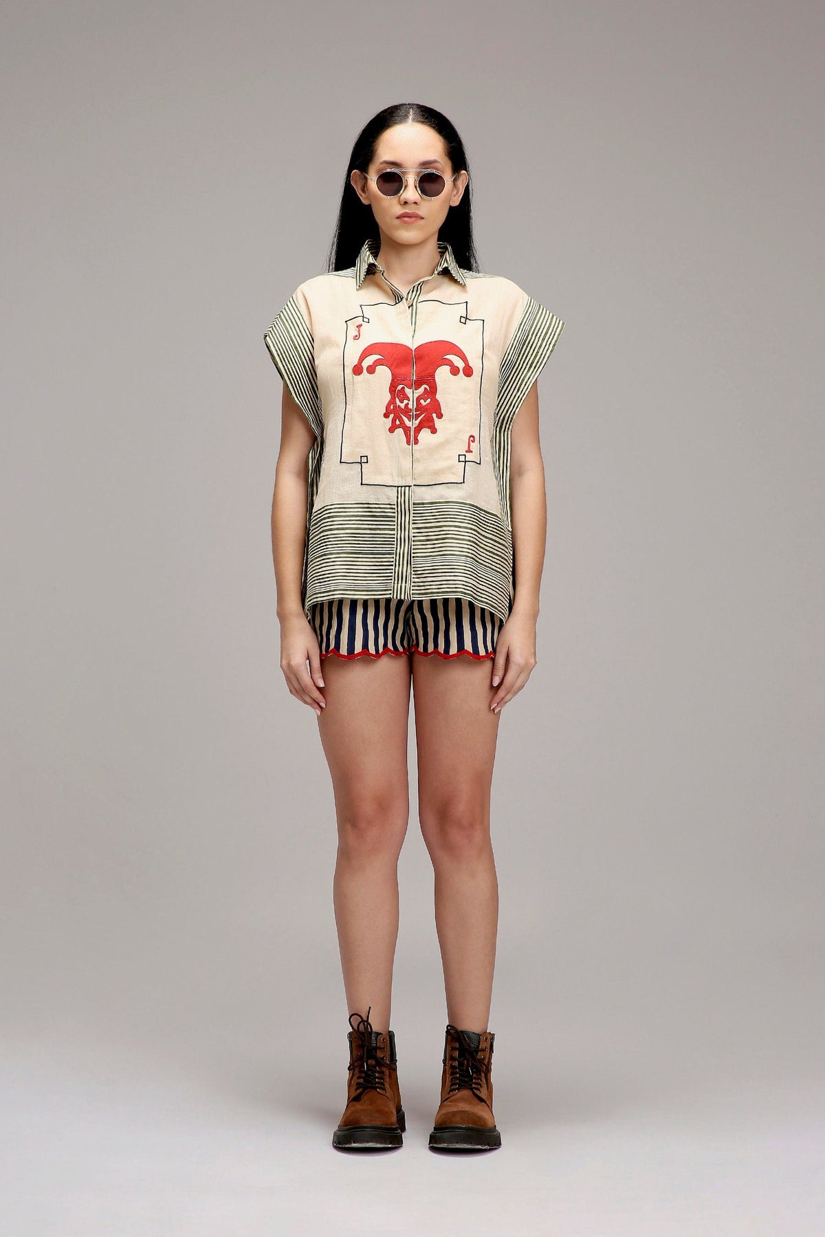 Mati Dresses XS Egg-Shell Green Striped Red Joker Shirt