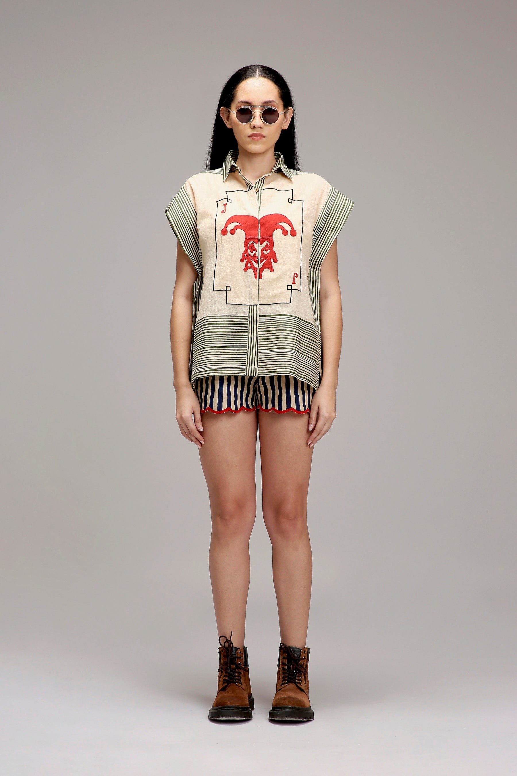 Mati Dresses XS Egg-Shell Green Striped Red Joker Shirt