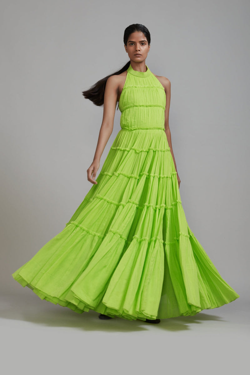 Mati Dresses XS Neon Green Backless Tiered Gown