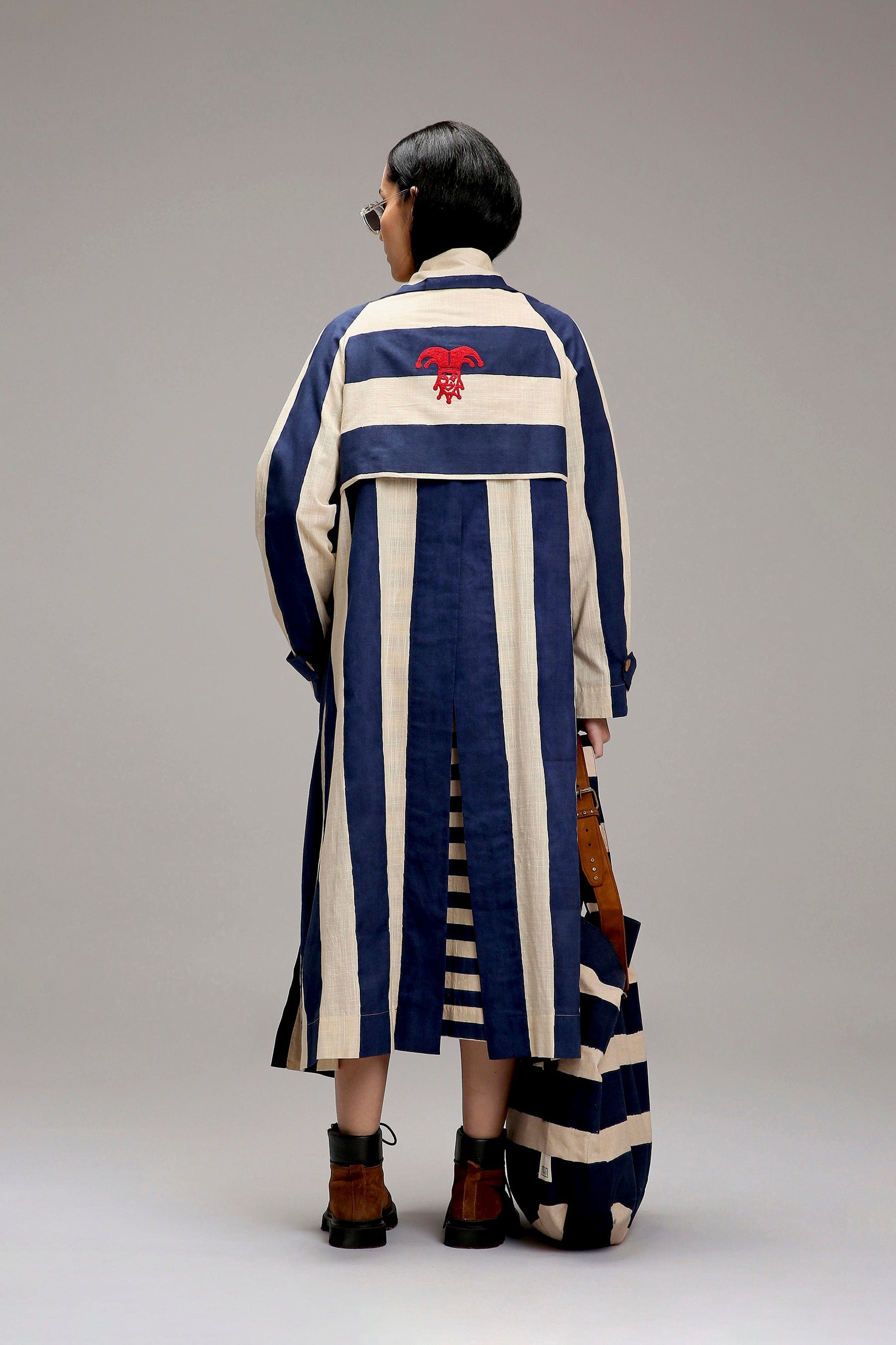 MATI egg-shell big striped trench jacket – back view with belt detail