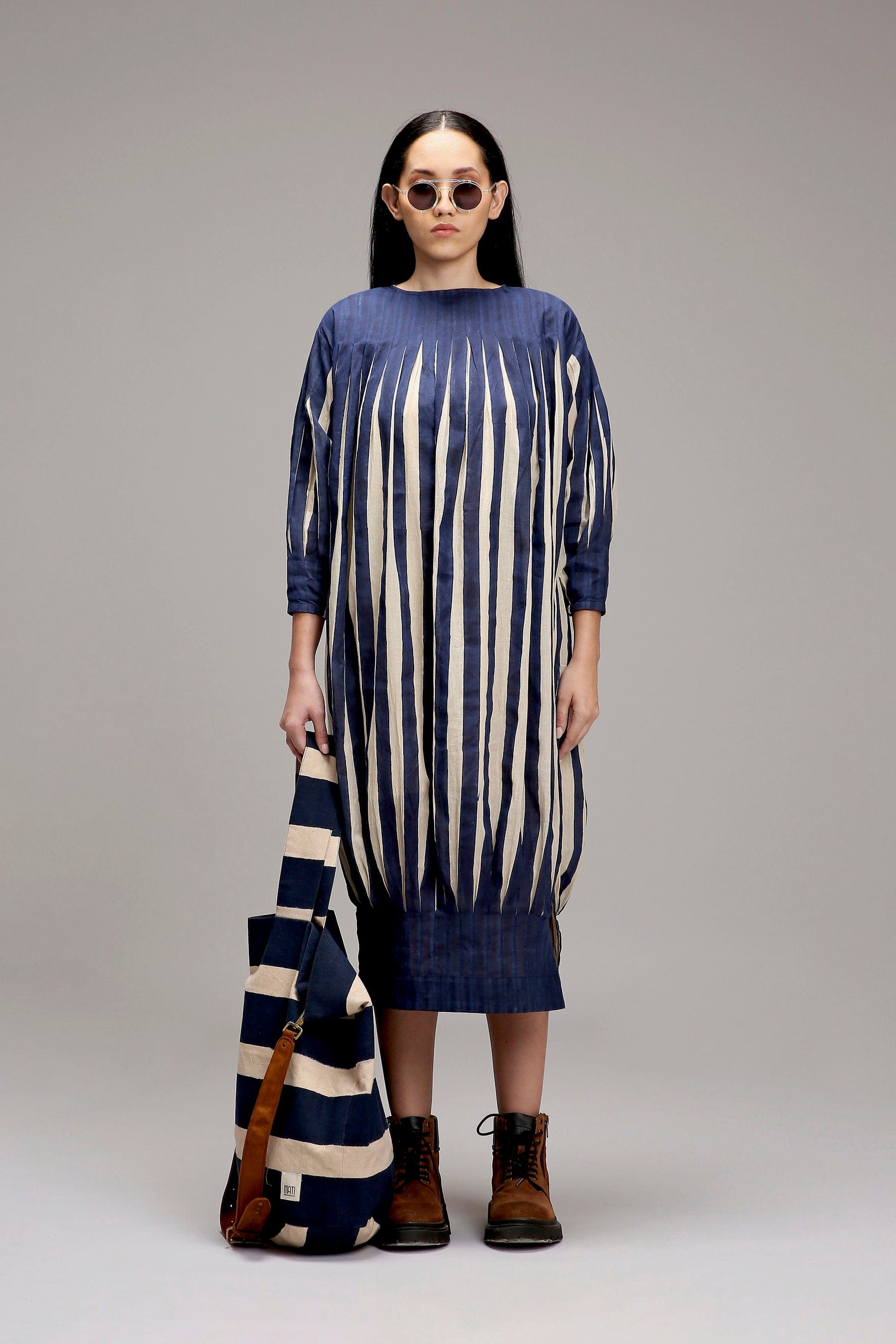 Egg-Shell Blue Striped Handwoven Cotton Balloon Dress — front view — MATI