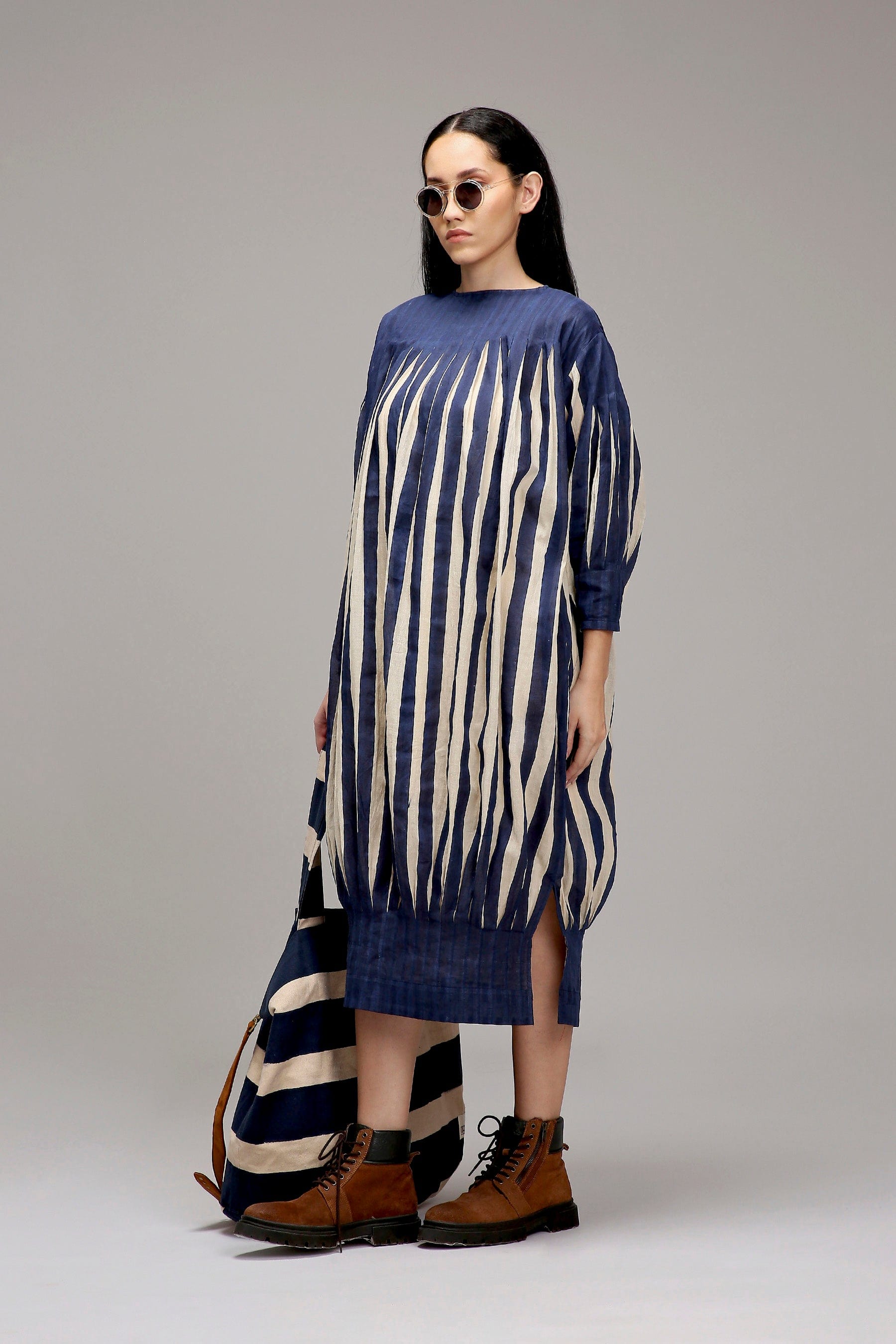 Egg-Shell Blue Striped Balloon Dress — side slit detail — MATI