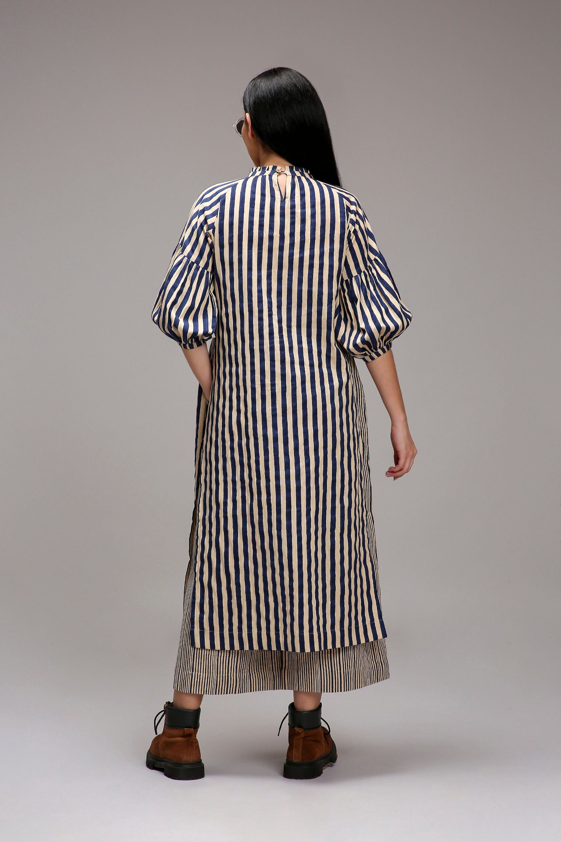 Egg-Shell Blue Striped Handspun Cotton Big Joker Tunic — back view — MATI