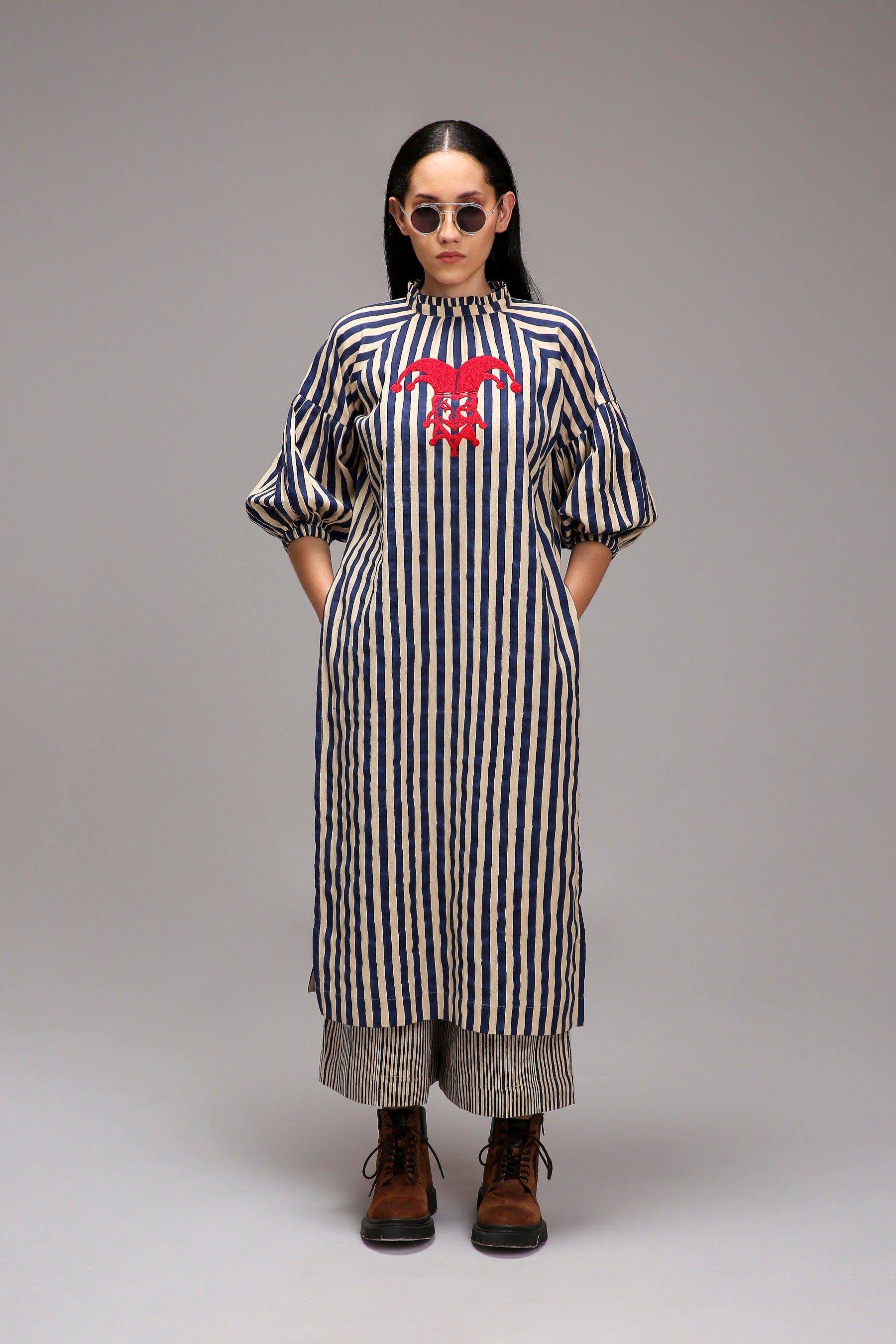 Egg-Shell Blue Striped Handspun Cotton Big Joker Tunic — front view — MATI