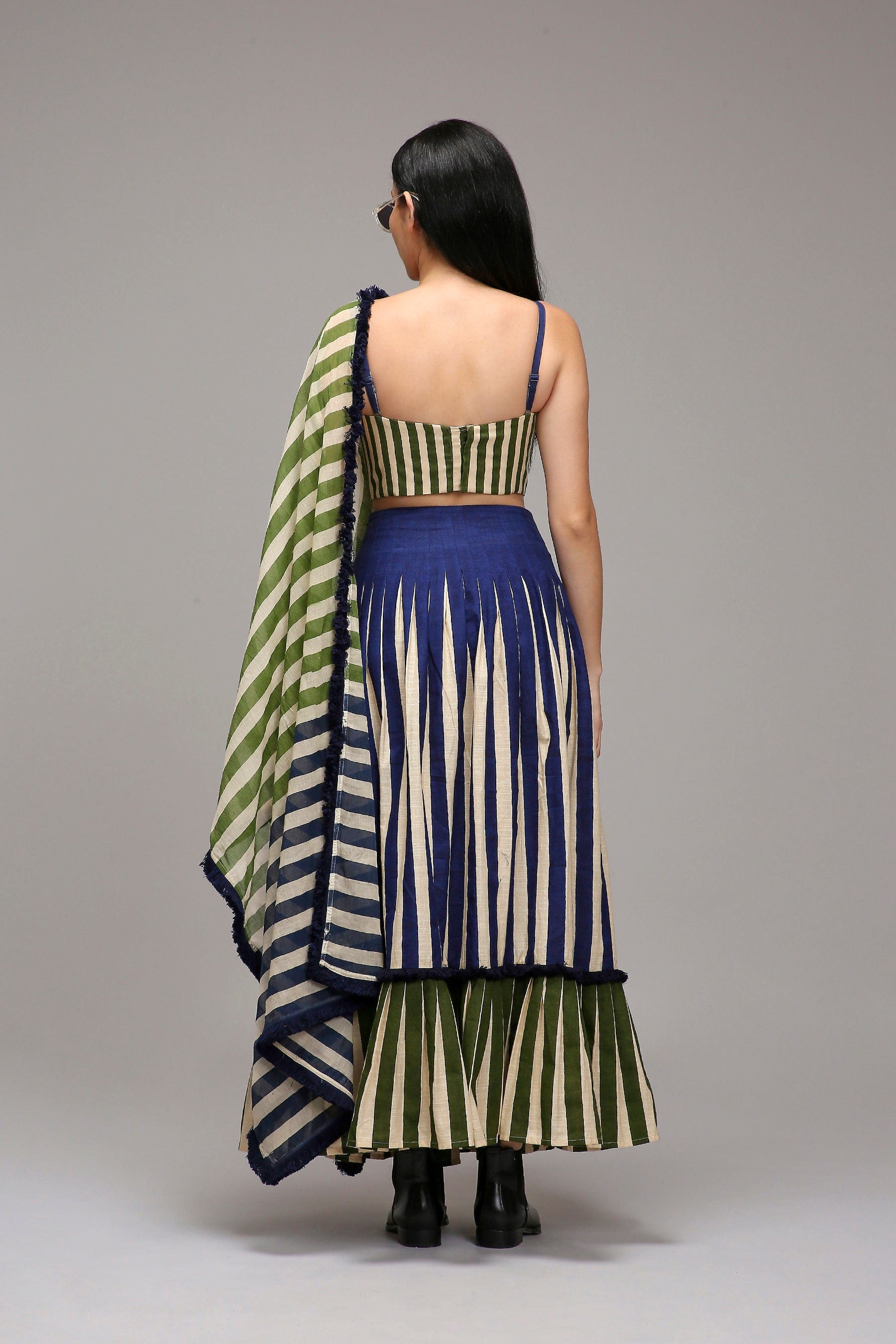 Handwoven cotton 3-piece corset skirt set Egg-Shell (Off-White) with dual striped stole by MATI India