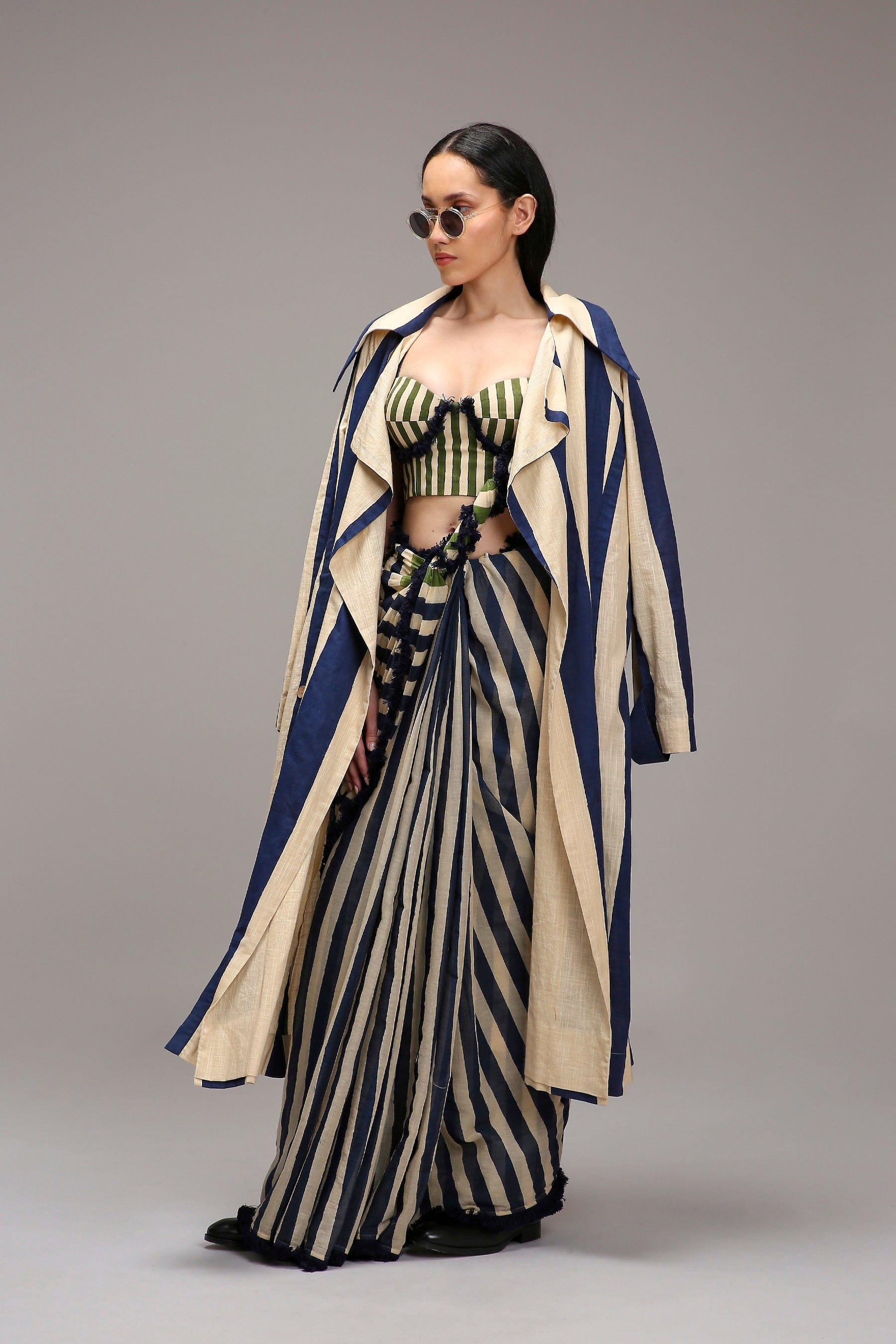 Handwoven cotton 3-piece corset saree set Egg-Shell (Off-White) with joker trench jacket and fringed corset by MATI India