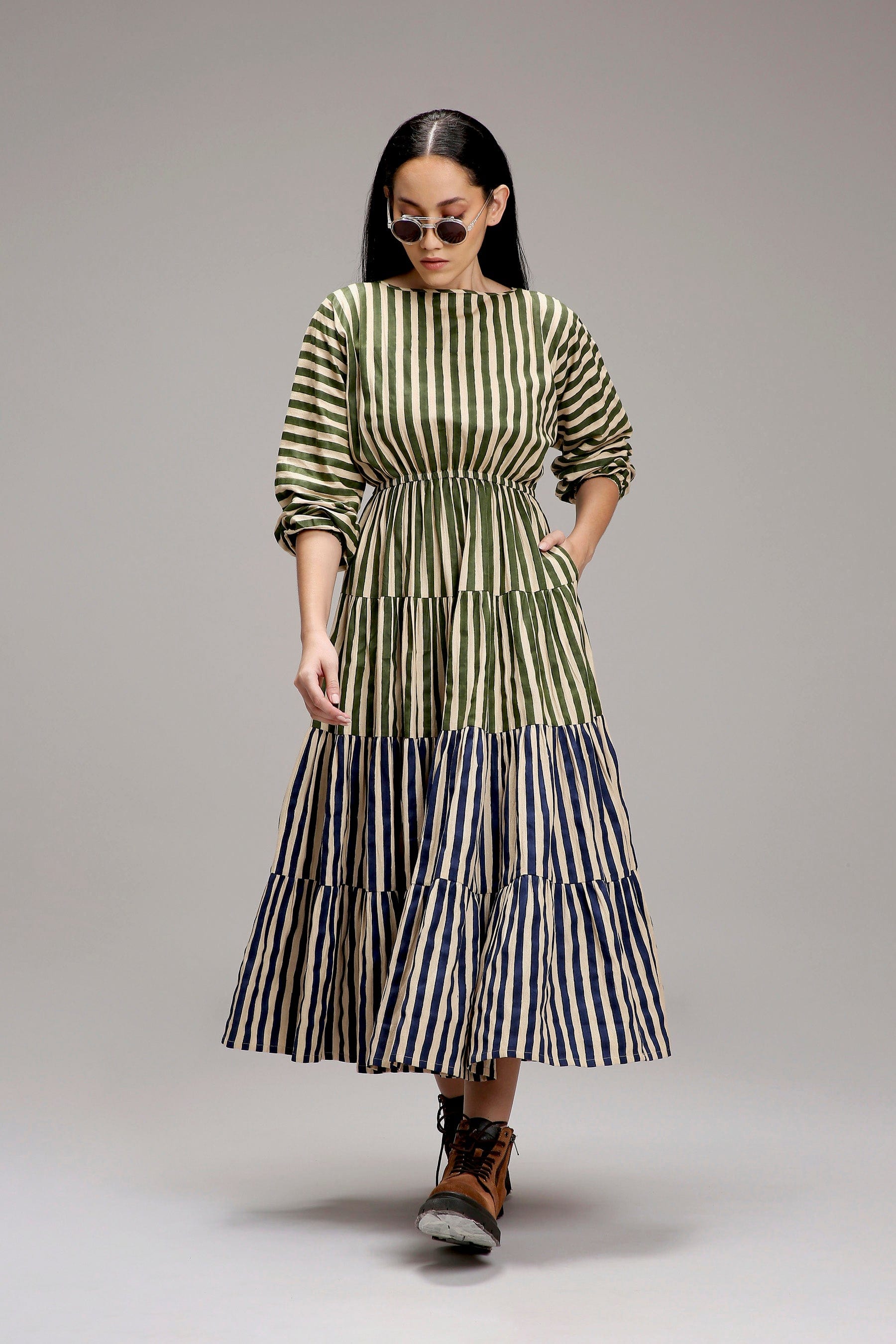 Egg-Shell Green & Blue Tiered Handcrafted Dress from Handwoven Organic Cotton - front view - MATI