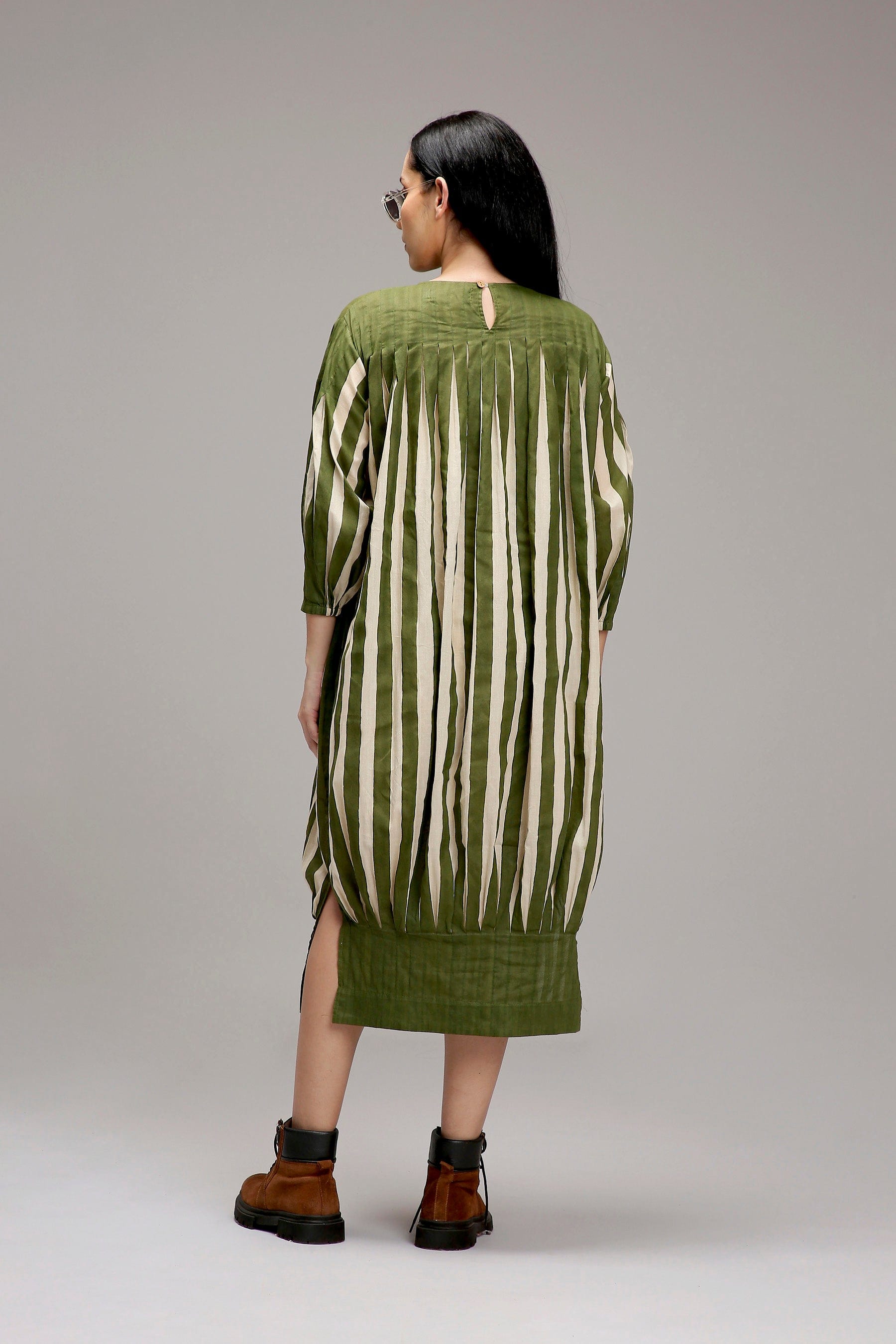 Egg-Shell Green Striped Balloon Dress — back button opening — MATI