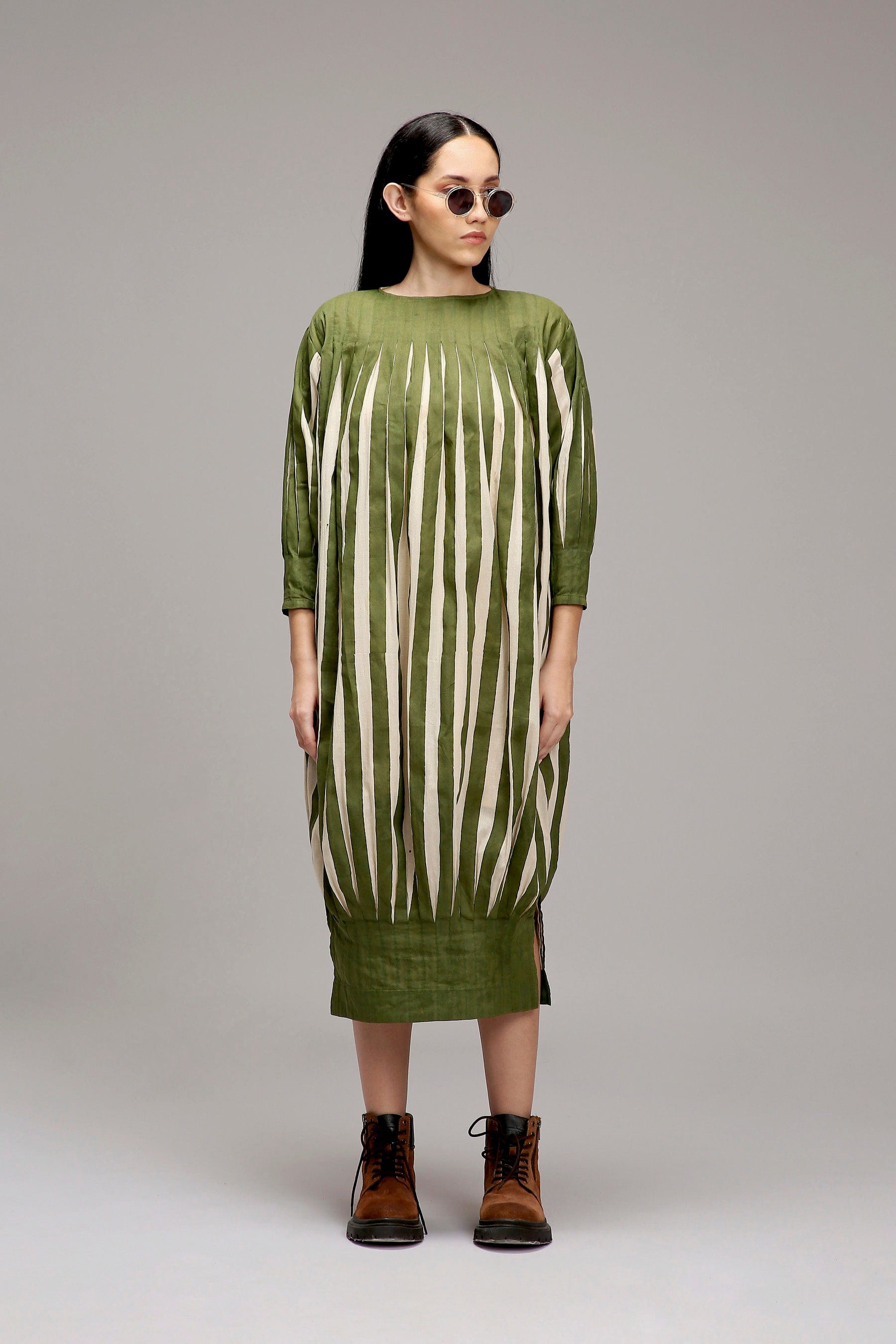 Egg-Shell Green Striped Balloon Dress — side slit detail — MATI