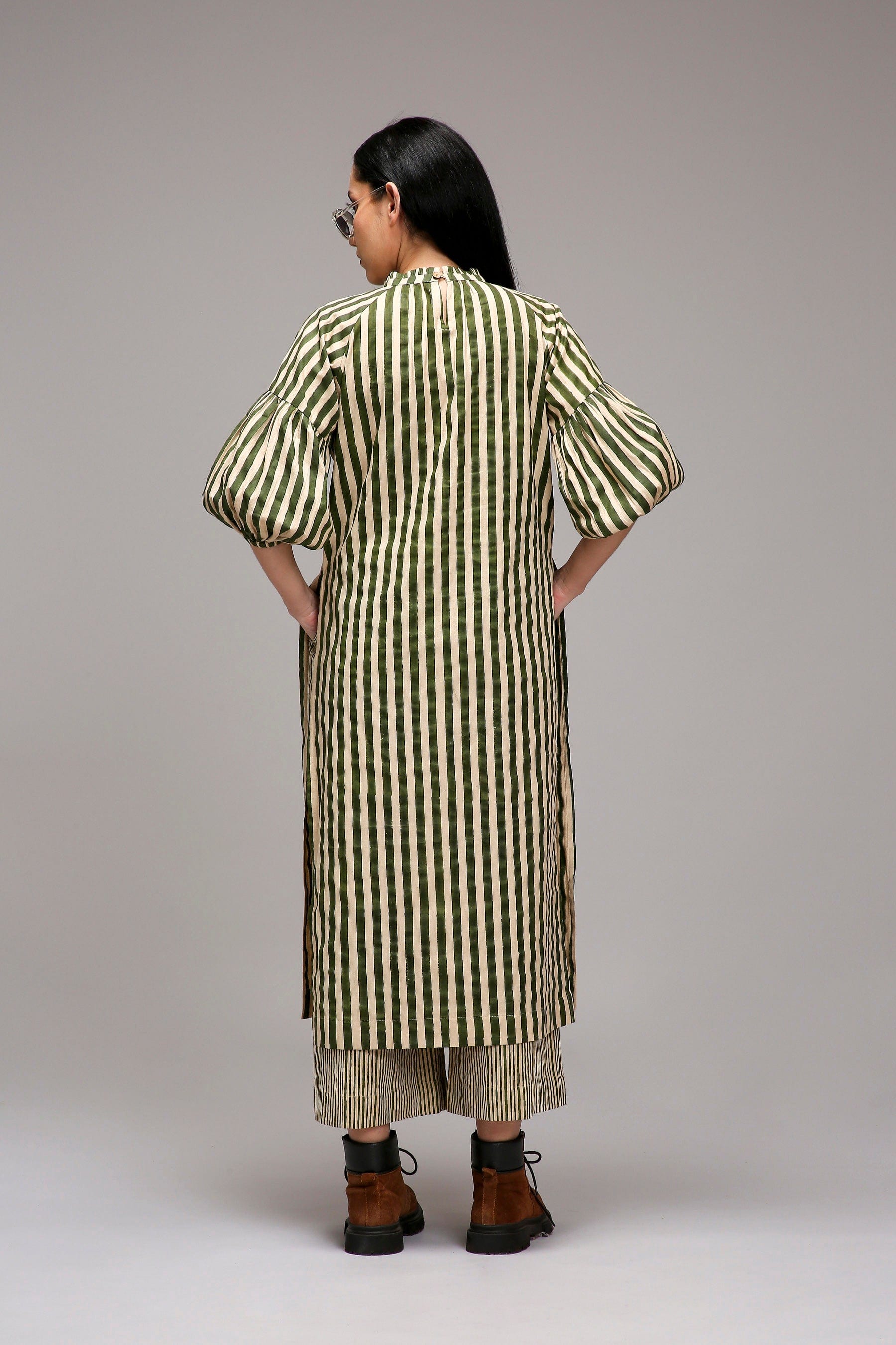Egg-Shell Green Striped Handspun Cotton Big Joker Tunic — back view — MATI