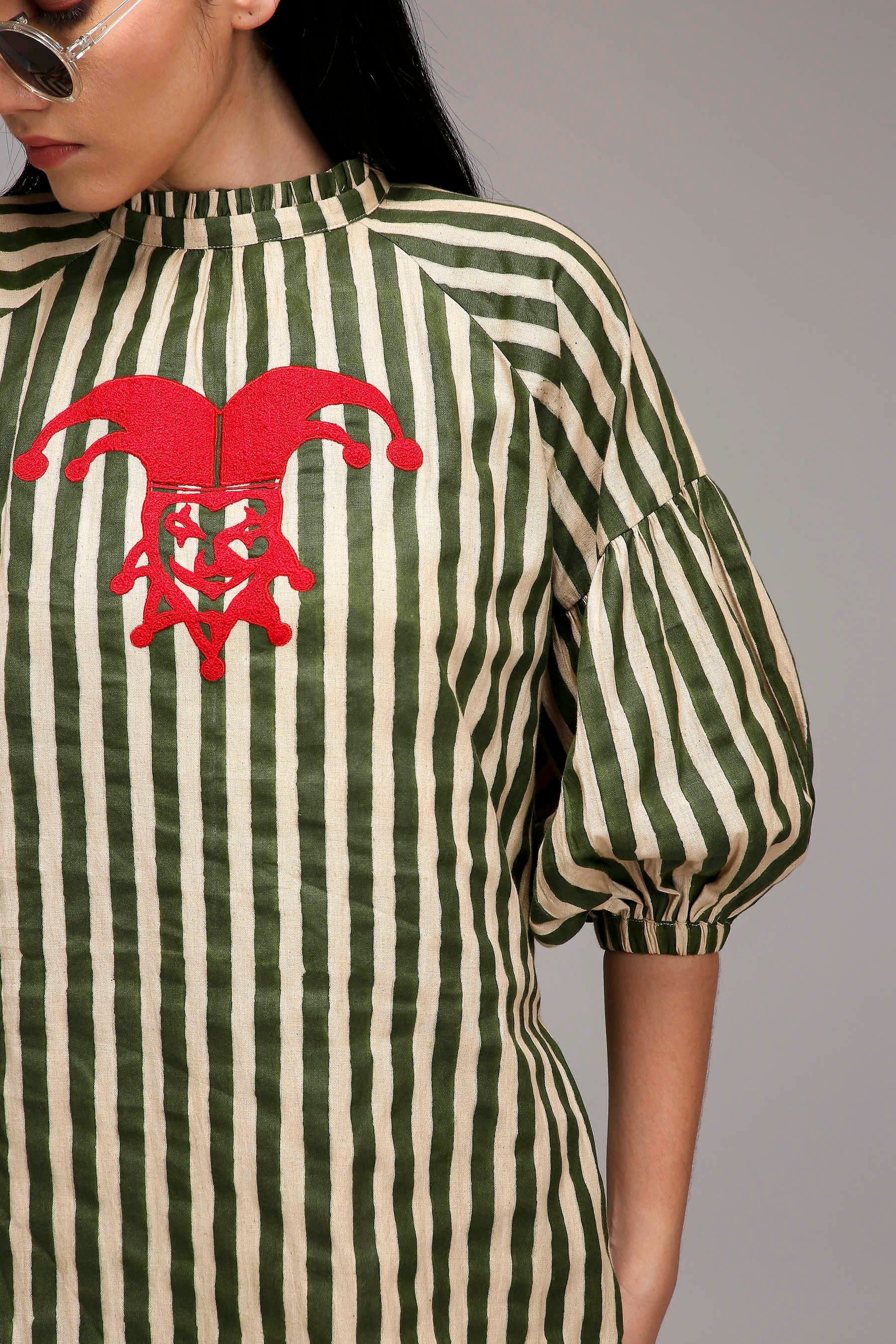 Egg-Shell Green Striped Handspun Cotton Big Joker Tunic — front detail — MATI