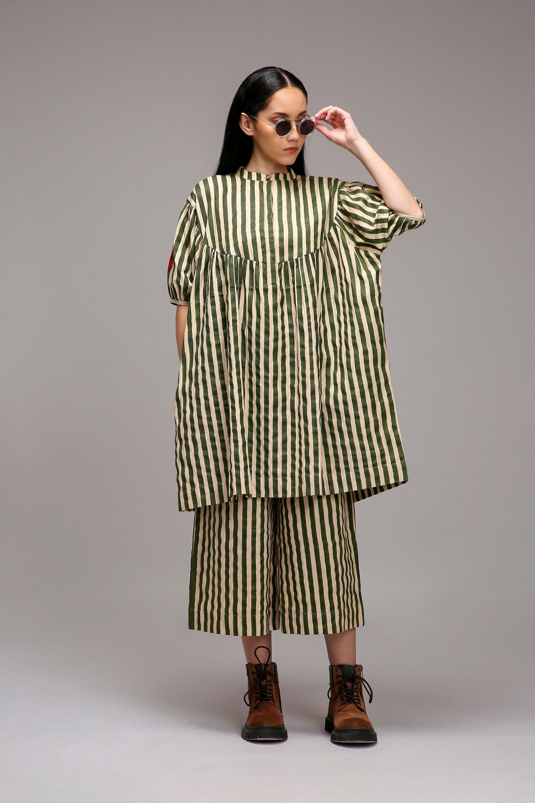 Egg-Shell Green Striped Handspun Cotton Short Acra Tunic — front view — MATI
