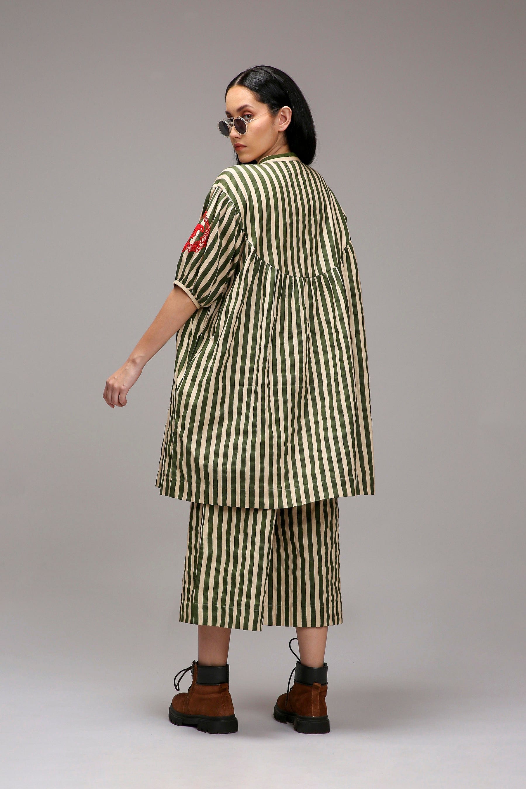 Egg-Shell Green Striped Handspun Cotton Short Acra Tunic — full length — MATI