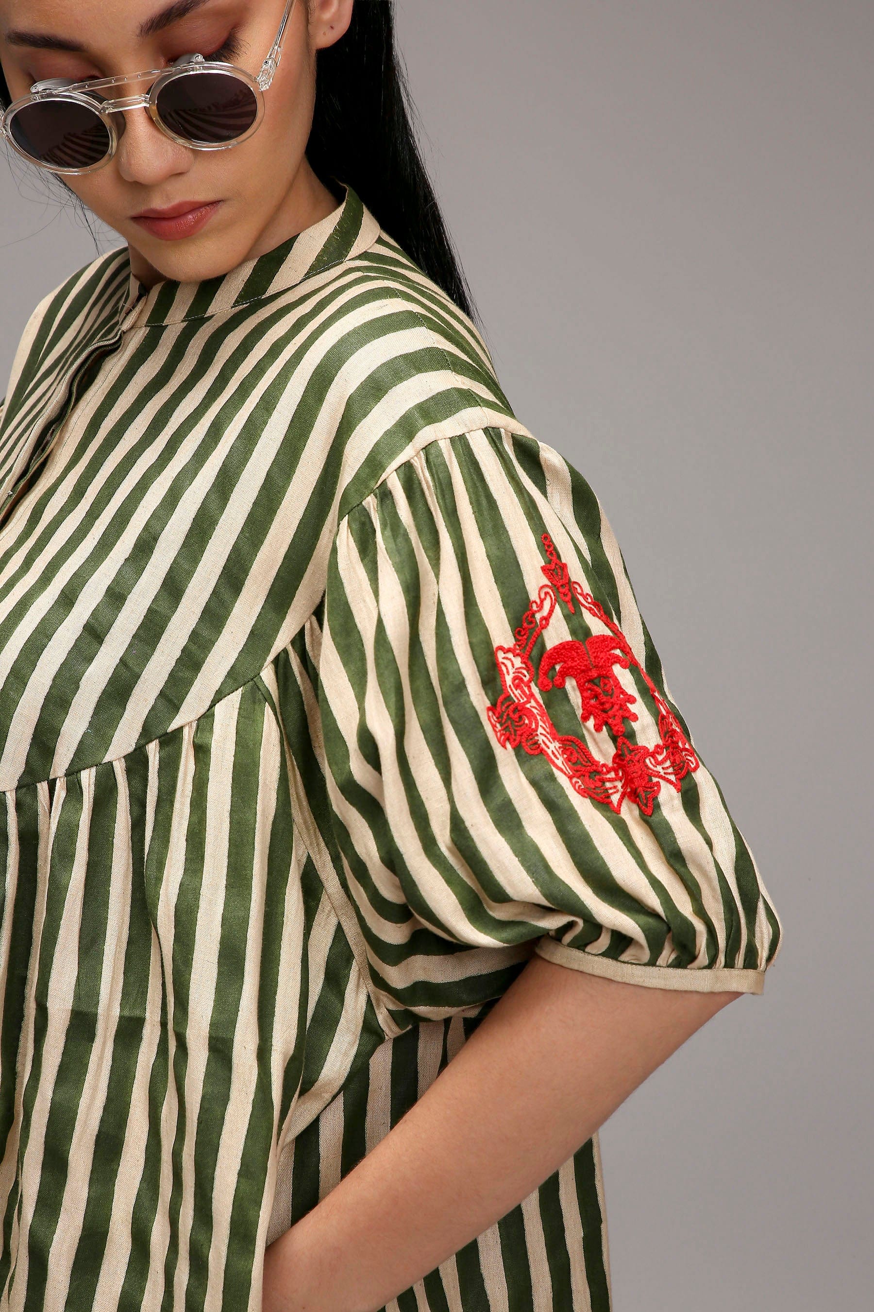 Egg-Shell Green Striped Short Acra Tunic — pleated shoulder detail — MATI