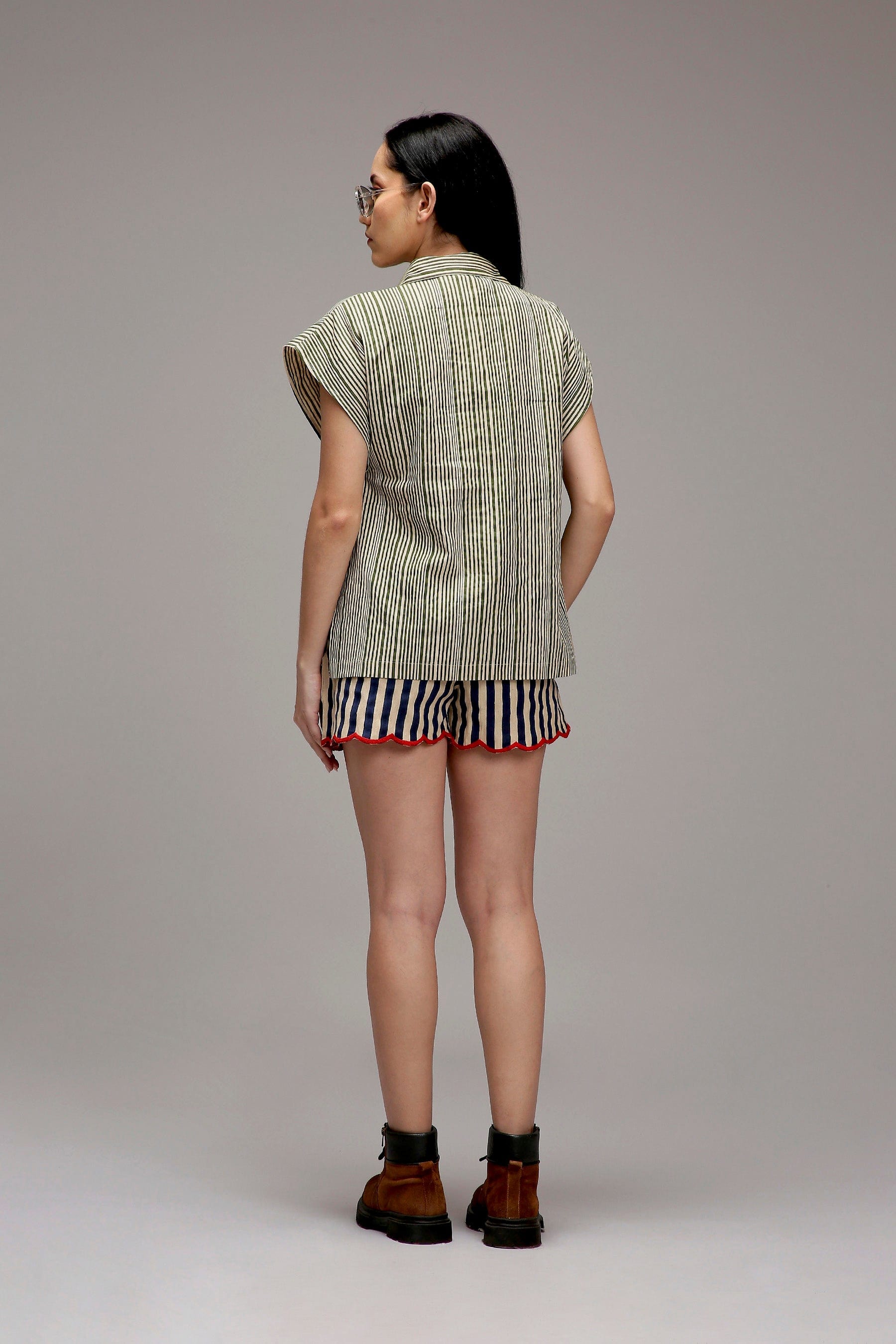 Egg-Shell Joker Hand Embroidered Shirt and Shorts Co-Ord Set in Sustainable Handwoven Cotton - Size XS-7XL - Back View - MATI