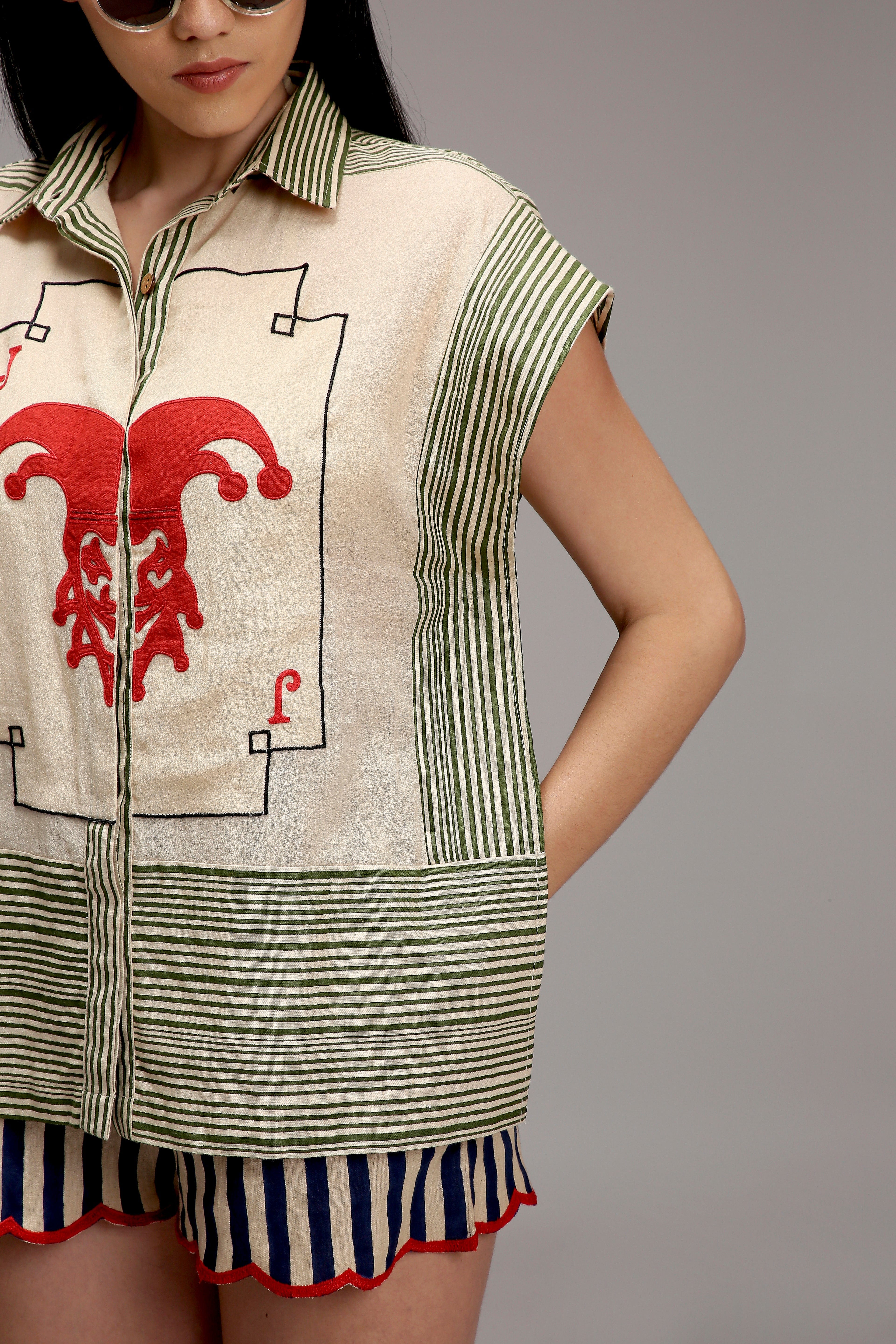 Egg-Shell Joker Hand Embroidered Shirt and Shorts Co-Ord Set in Sustainable Handwoven Cotton - Size XS-7XL - Detail View - MATI