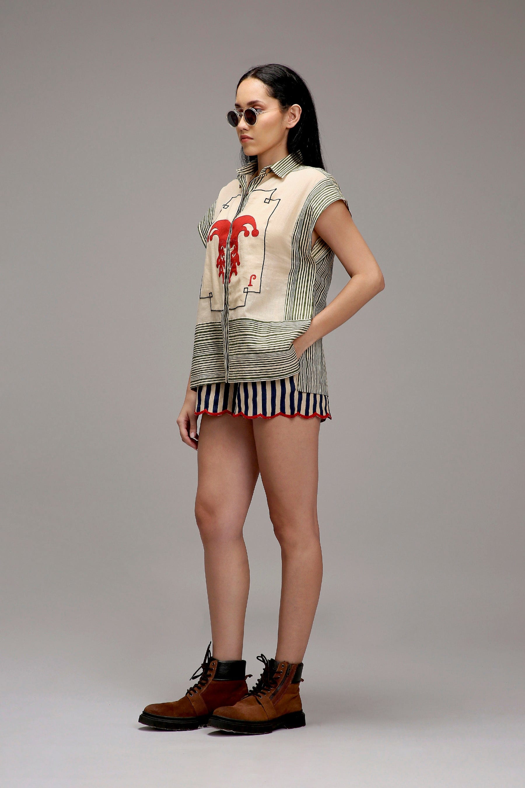 Egg-Shell Joker Hand Embroidered Shirt and Shorts Co-Ord Set in Sustainable Handwoven Cotton - Size XS-7XL - Side View - MATI