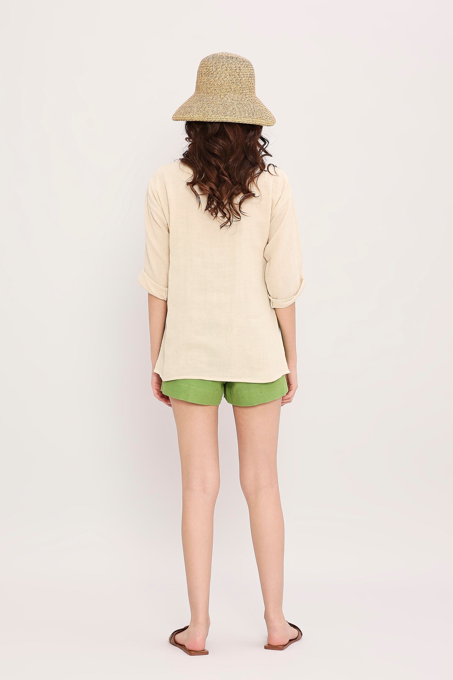 Green Textured Cotton Dotted Shorts by MATI