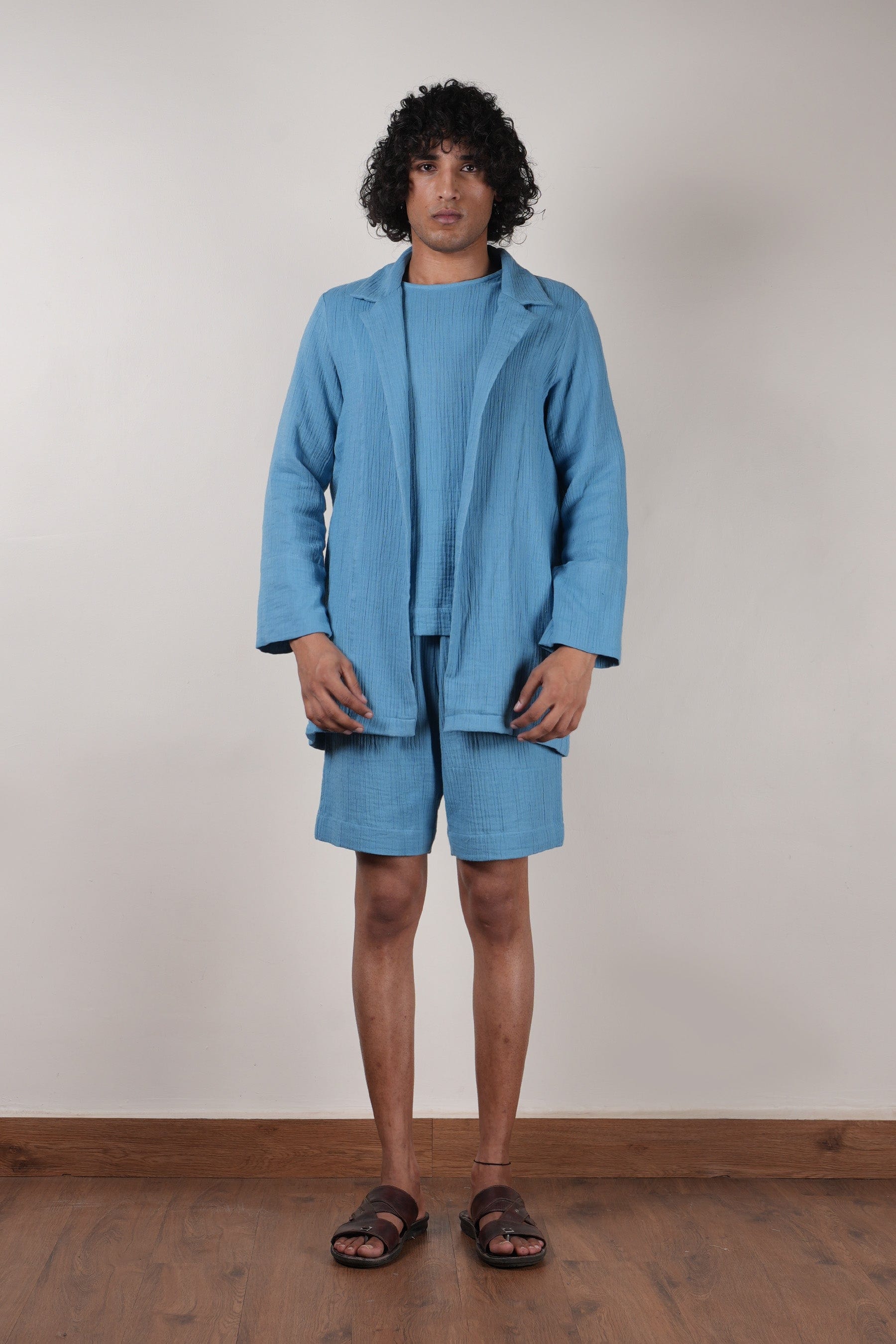 Mati JACKET Men's Crush Cotton Blue Shawl Jacket