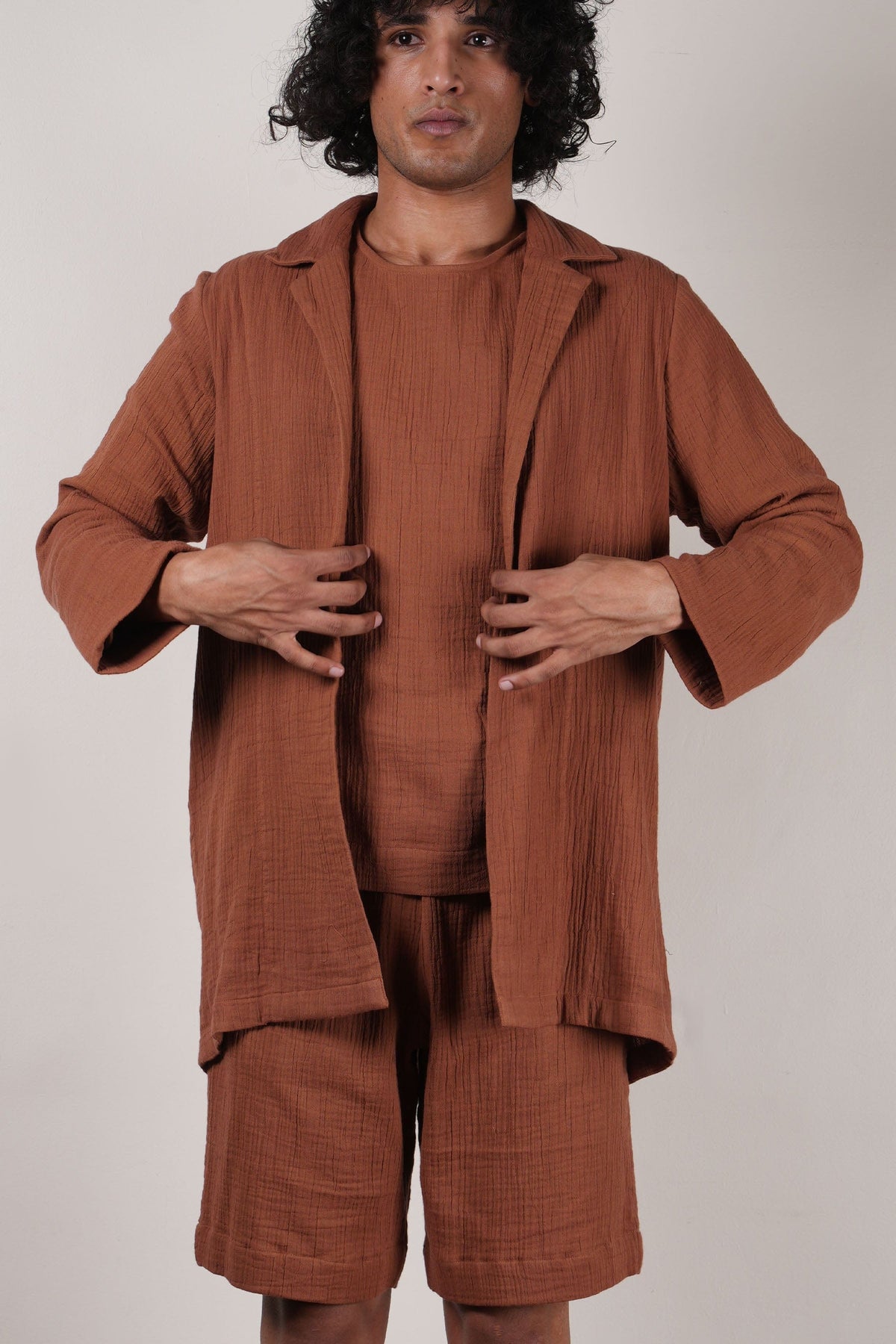 Mati JACKET Men's Crush Cotton Brown Shawl Jacket