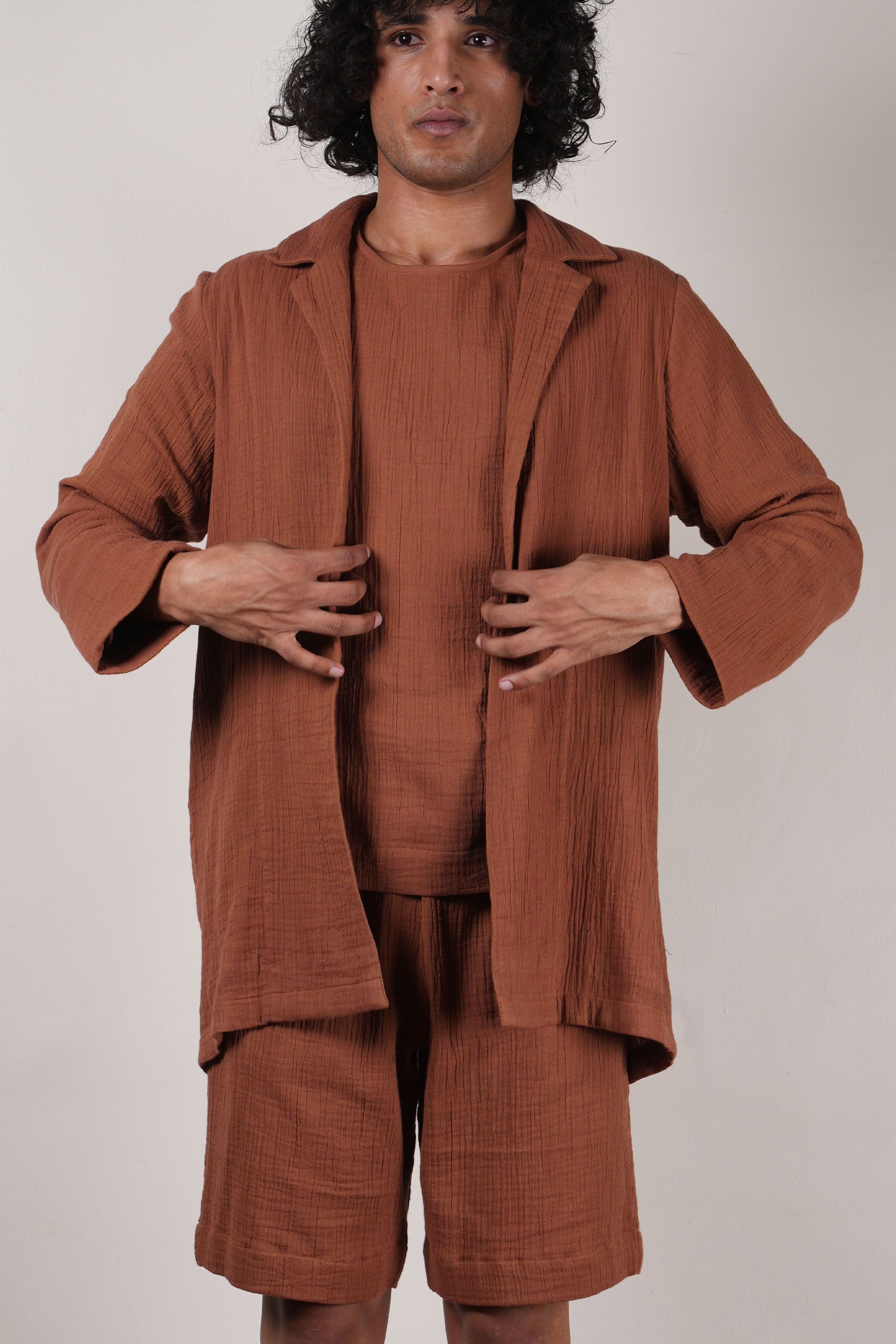 Mati JACKET Men's Crush Cotton Brown Shawl Jacket