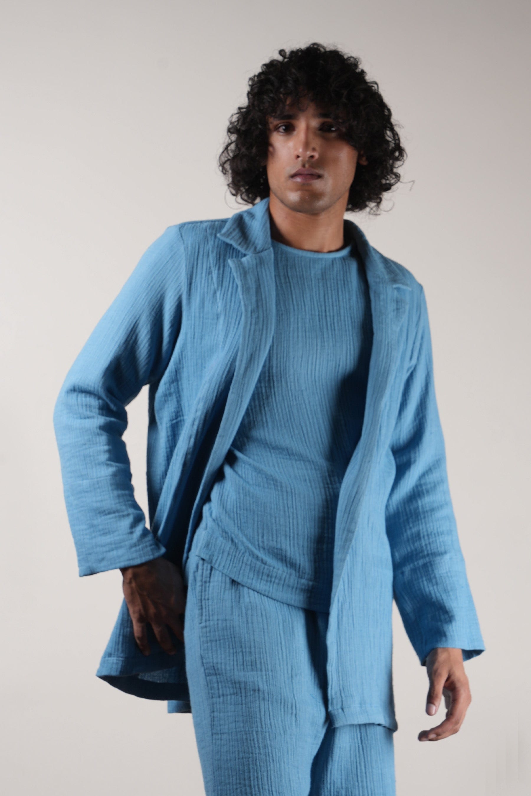 Mati JACKET S Men's Crush Cotton Blue Shawl Jacket