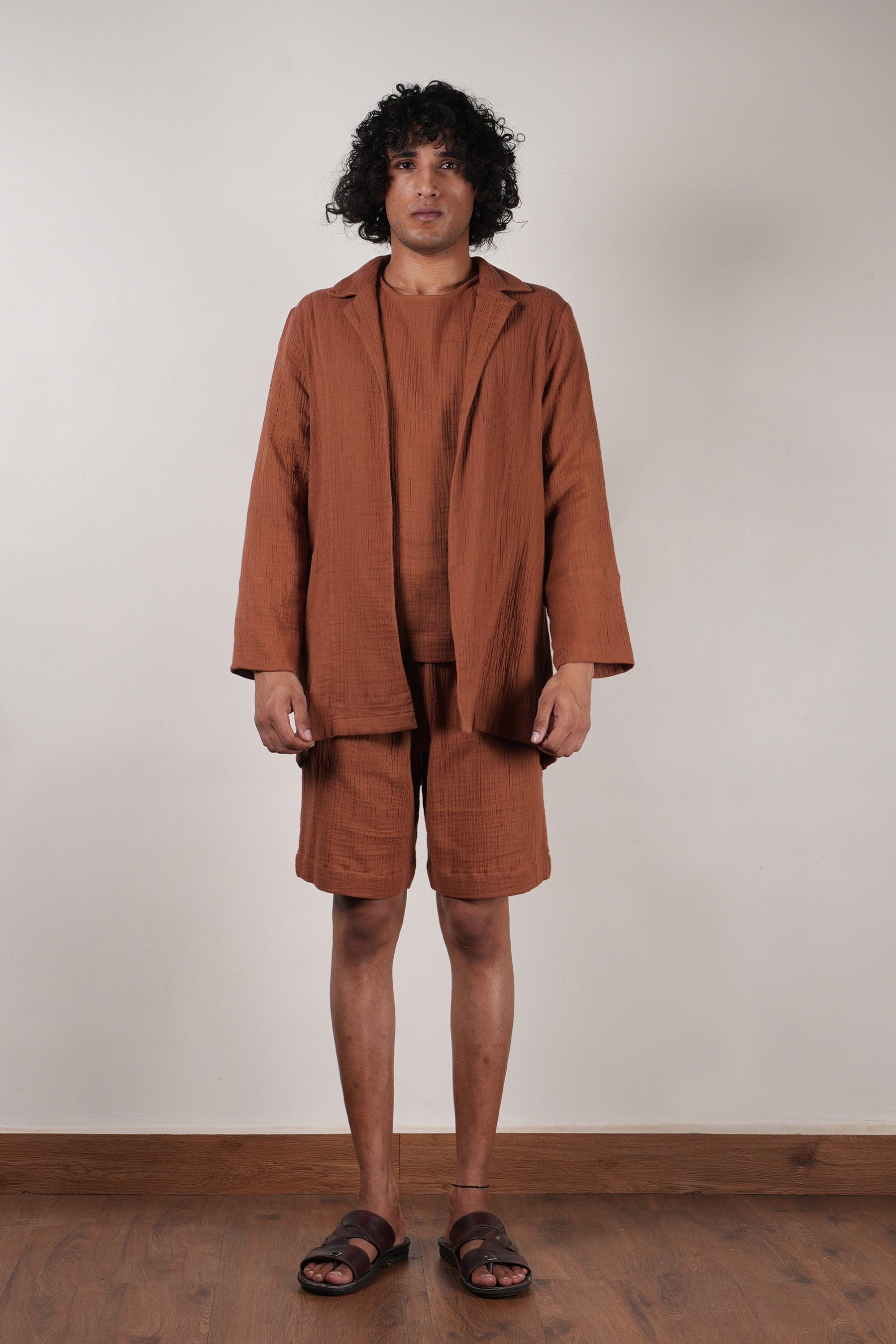 Mati JACKET S Men's Crush Cotton Brown Shawl Jacket
