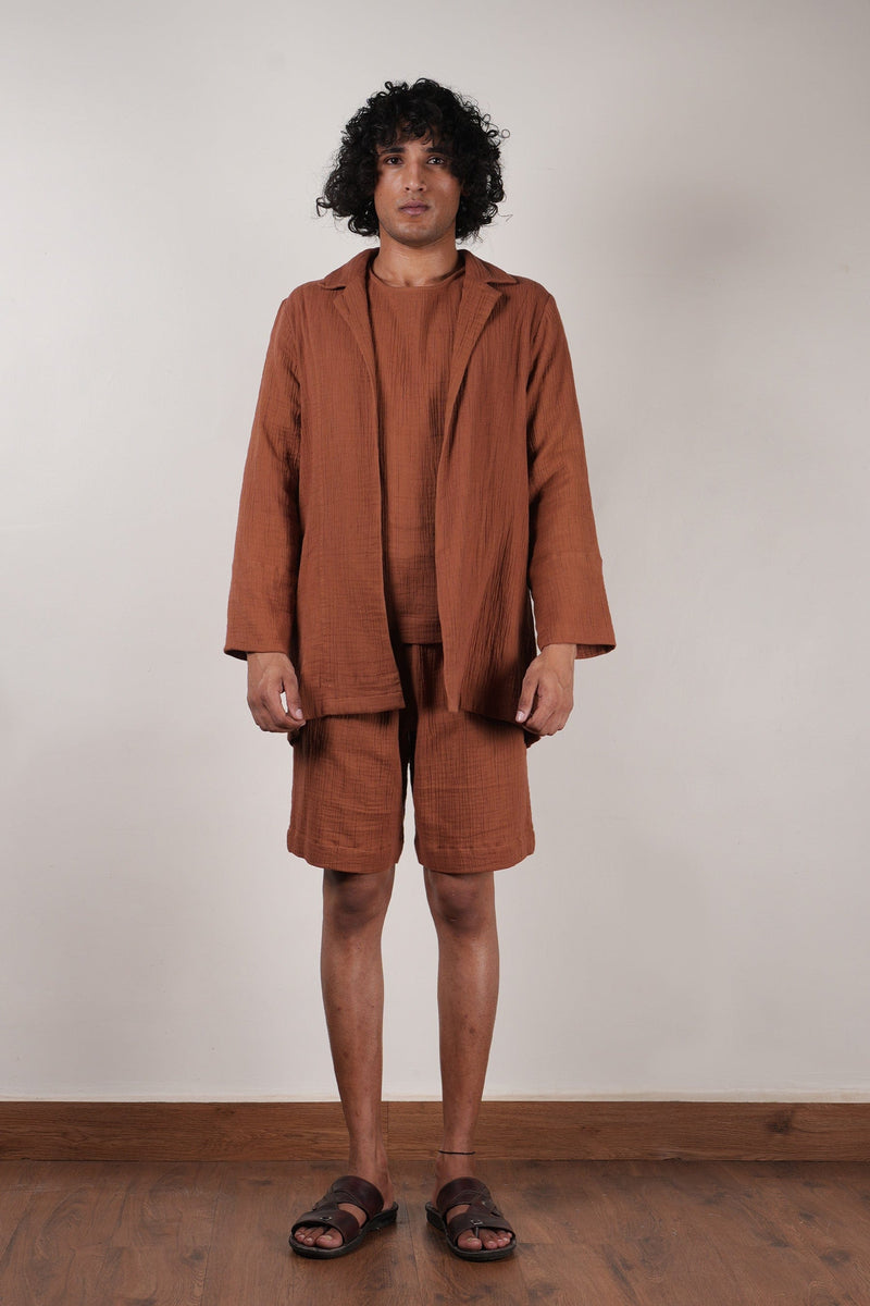 Mati JACKET S Men's Crush Cotton Brown Shawl Jacket