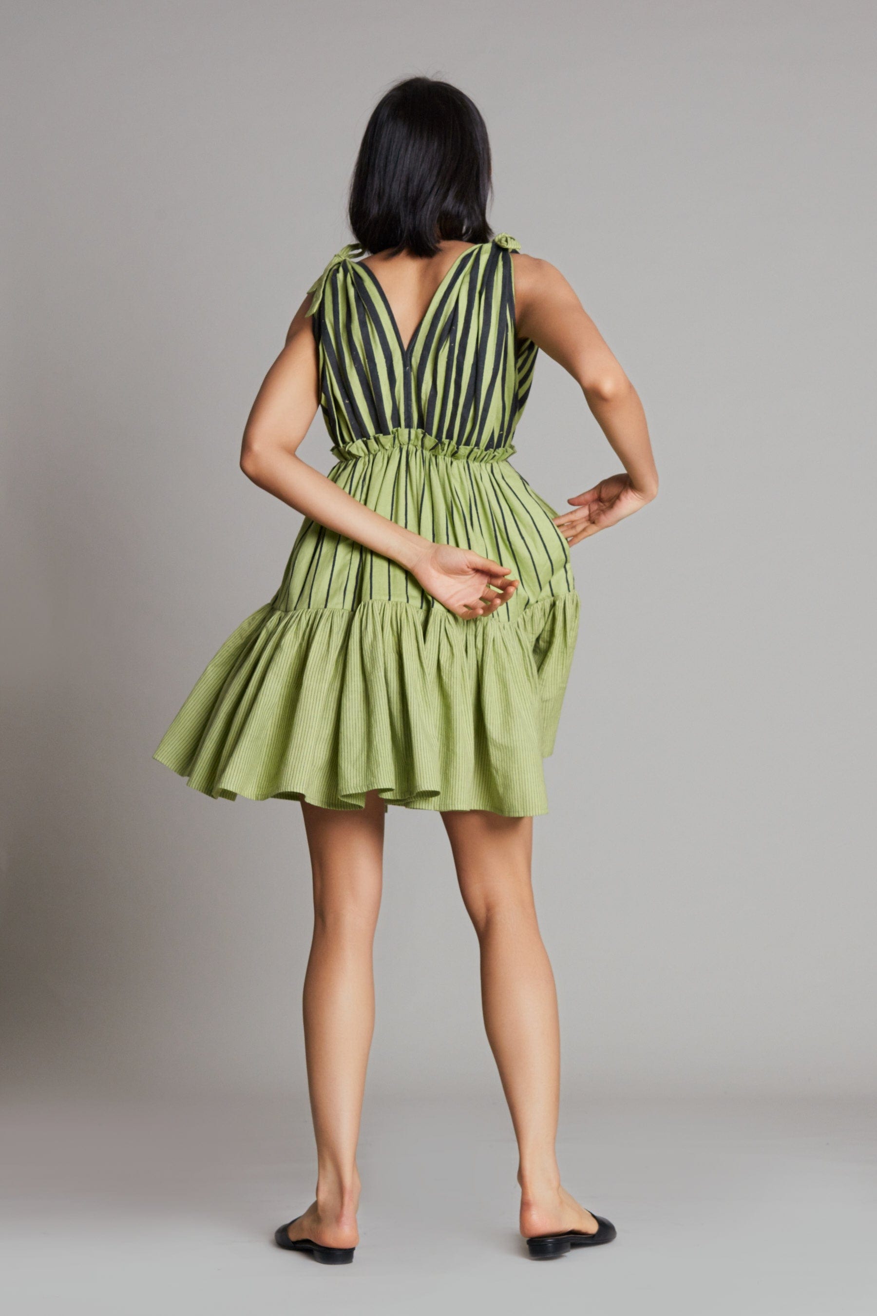 Handwoven cotton striped tiered frill midi dress in green with Azo-free dye, by MATI India