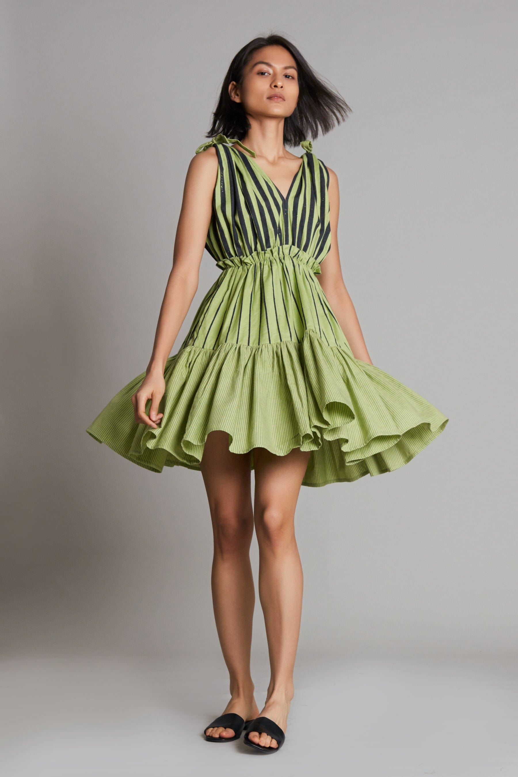 Handwoven cotton striped tiered frill midi dress in green with Azo-free dye, by MATI India