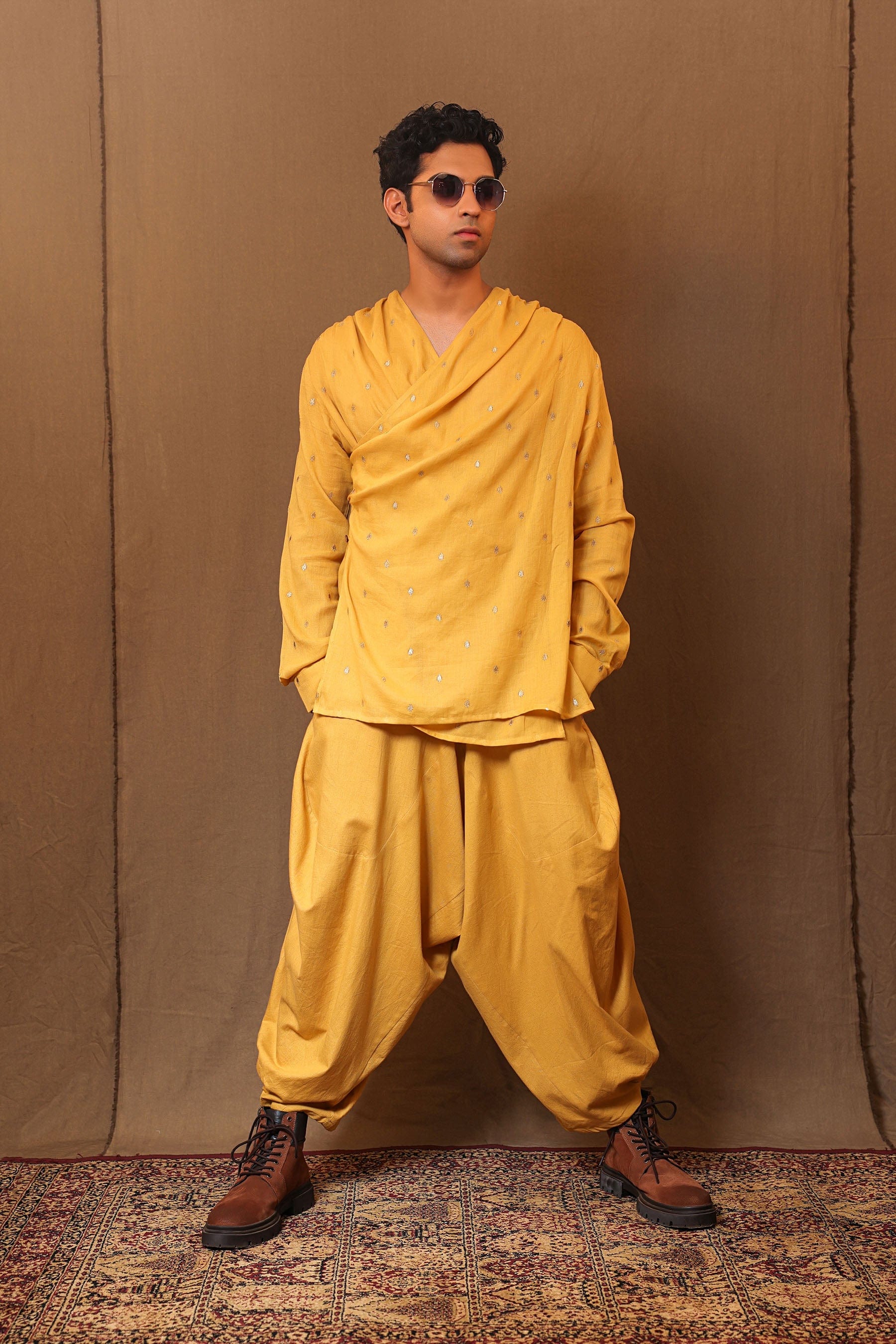 Men's mustard handwoven cotton overlap shirt with zari embroidery – front full view - MATI TAASH