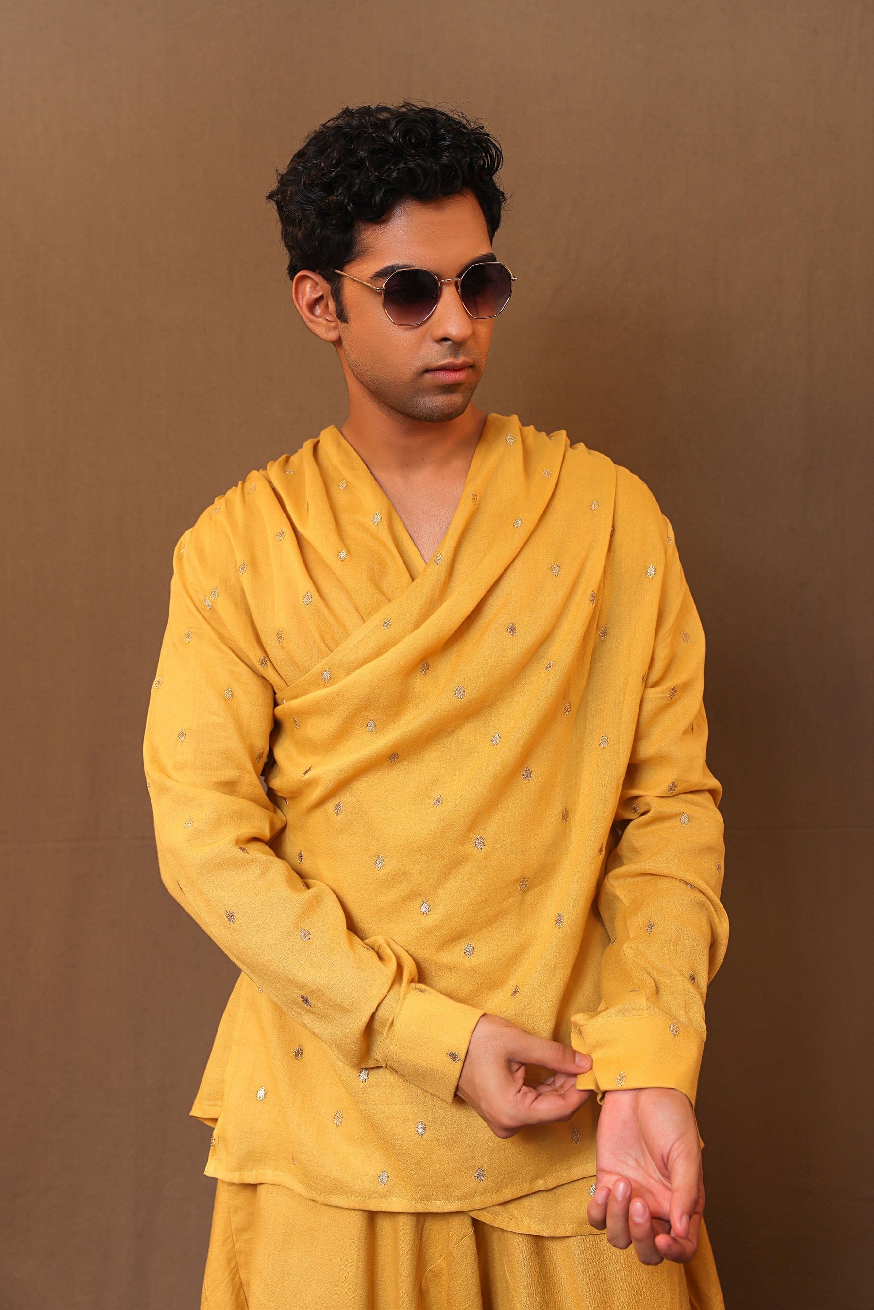 Men's mustard handwoven cotton overlap shirt with zari embroidery – MATI TAASH