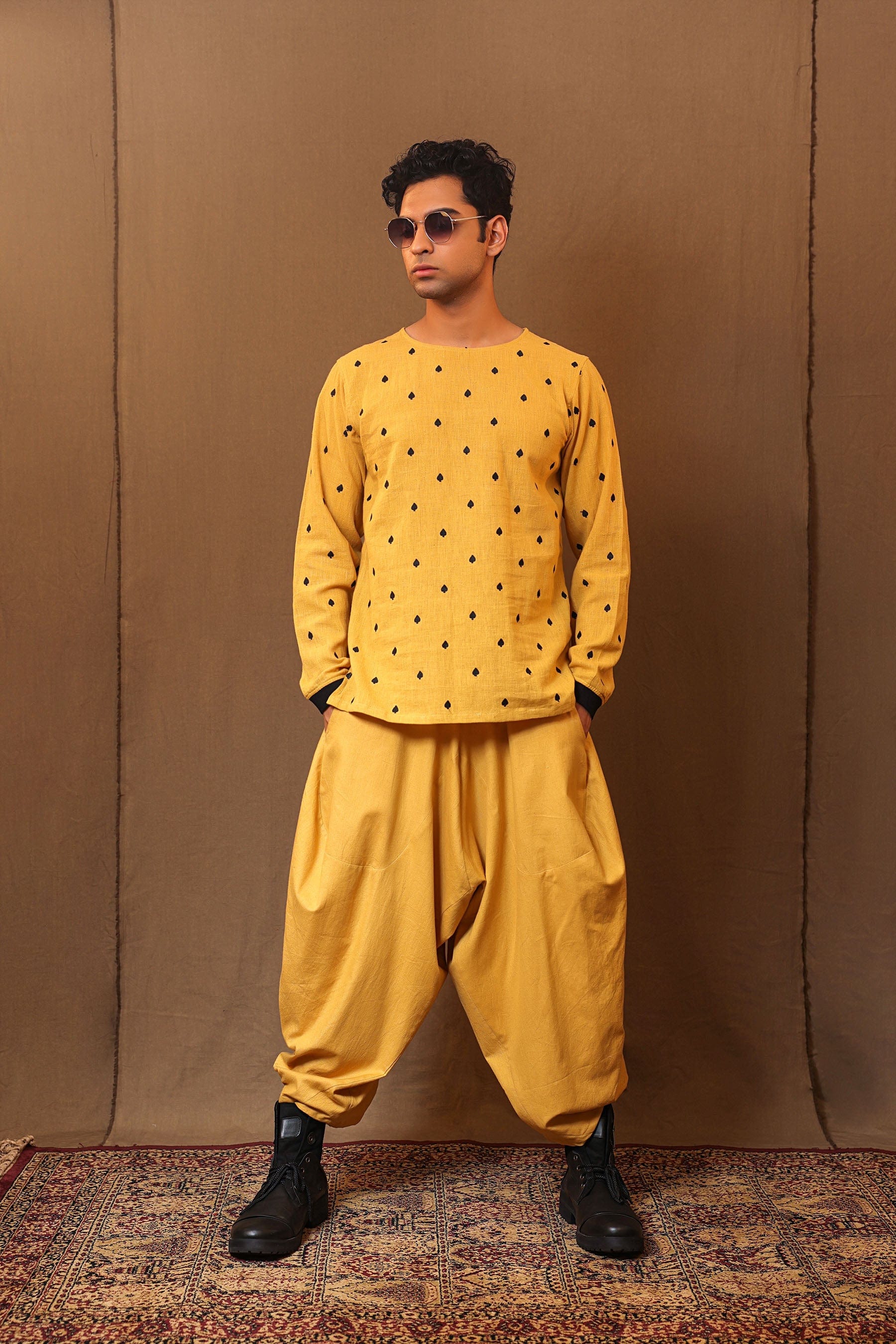 Men's mustard handspun cotton baggy pants – front view – MATI TAASH 2