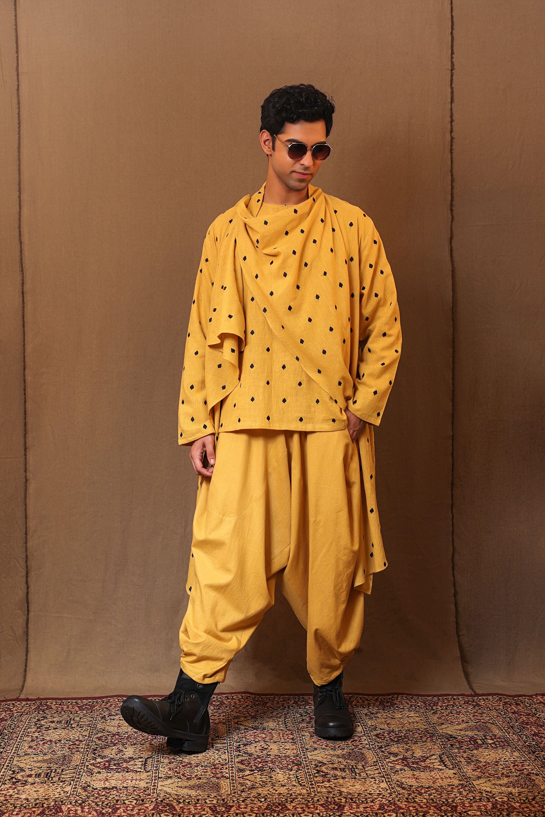 Men's mustard handwoven cotton 3-piece festive set – jacket, kurta and pants – MATI TAASH